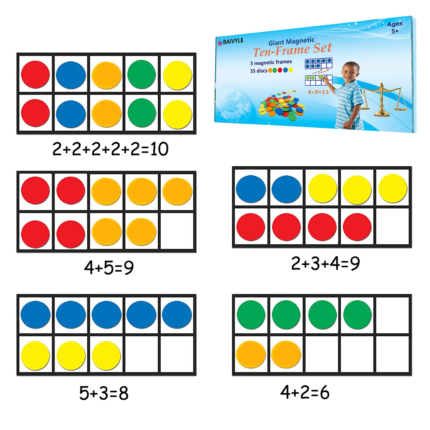BAIVYLE Foam Magnetic Ten Frame Set for Toddlers - 5 Ten Frames with 55 Magnetic Counters | Math Manipulative for Addition, Subtraction & Number Sense | Classroom & Homeschool Supplies