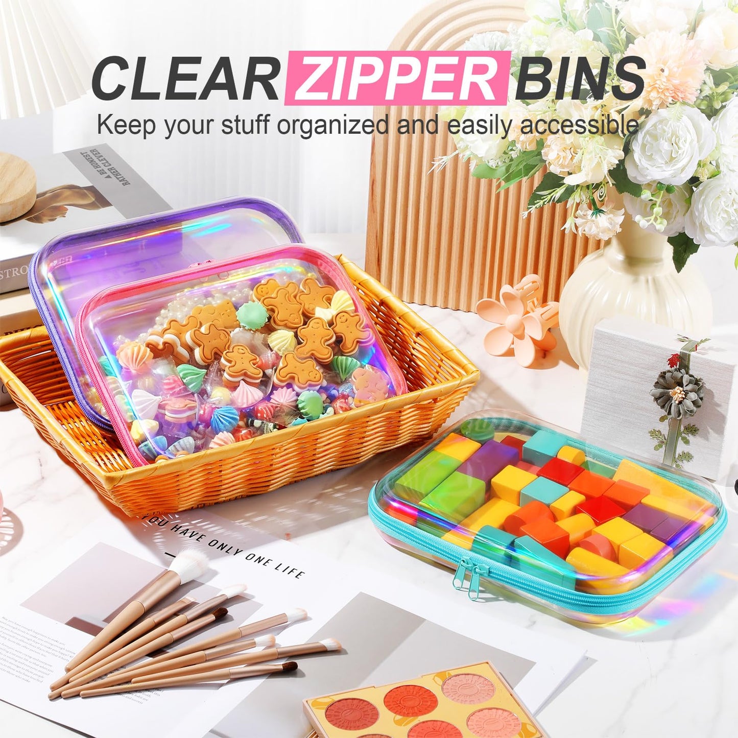 Hoolerry 3 Pcs Clear Hard Zipper Case Hard Plastic Zipper Pouch Makeup Bag Portable Travel Organizer for Cosmetics, Office Supplies, Documents & Toiletries(Laser,M)