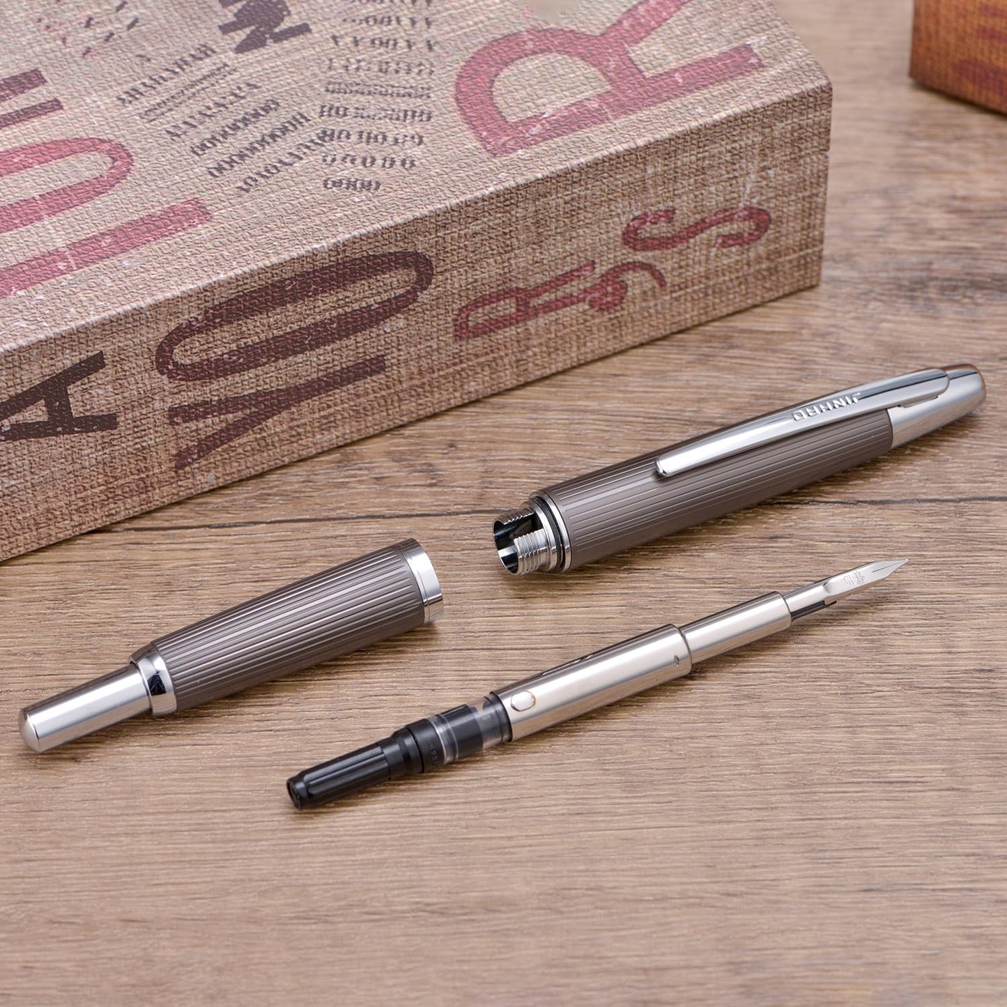 Jinhao 10 Press Fountain Pen with Box, Brushed Matt Gray Retractable Extra Fine Nib with Ink Converter Set (Silver Clip)