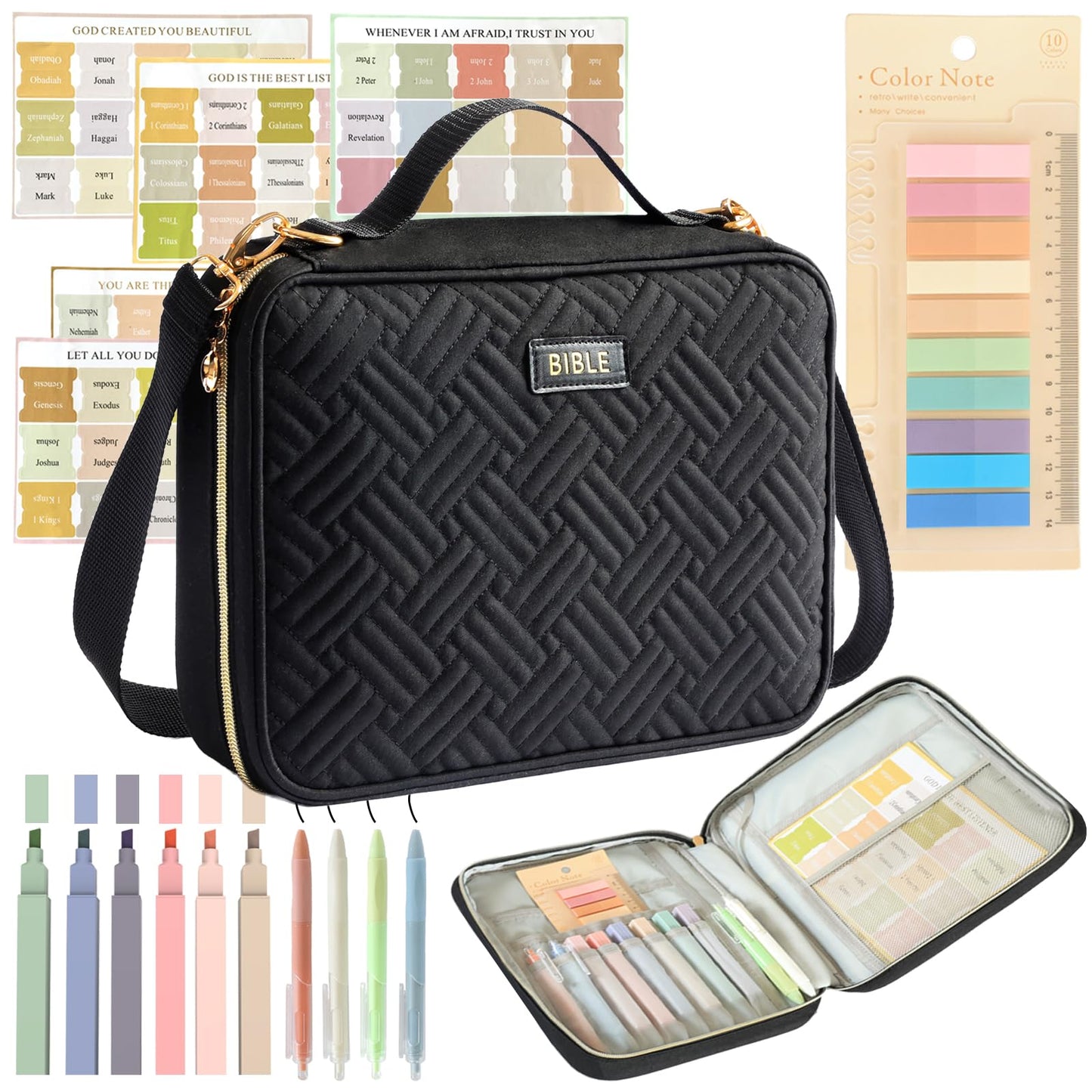 Bible Cover for Women Bible Case, Large Bible Bag, Bible Study Supplies Bible Journaling Kit Book Carrying Case with Bible Highlighters Tabs, Valentines Day Christian Gifts for Women(Black)