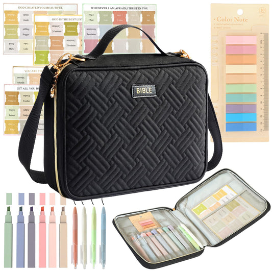 Bible Cover for Women Bible Case, Large Bible Bag, Bible Study Supplies Bible Journaling Kit Book Carrying Case with Bible Highlighters Tabs, Valentines Day Christian Gifts for Women(Black)