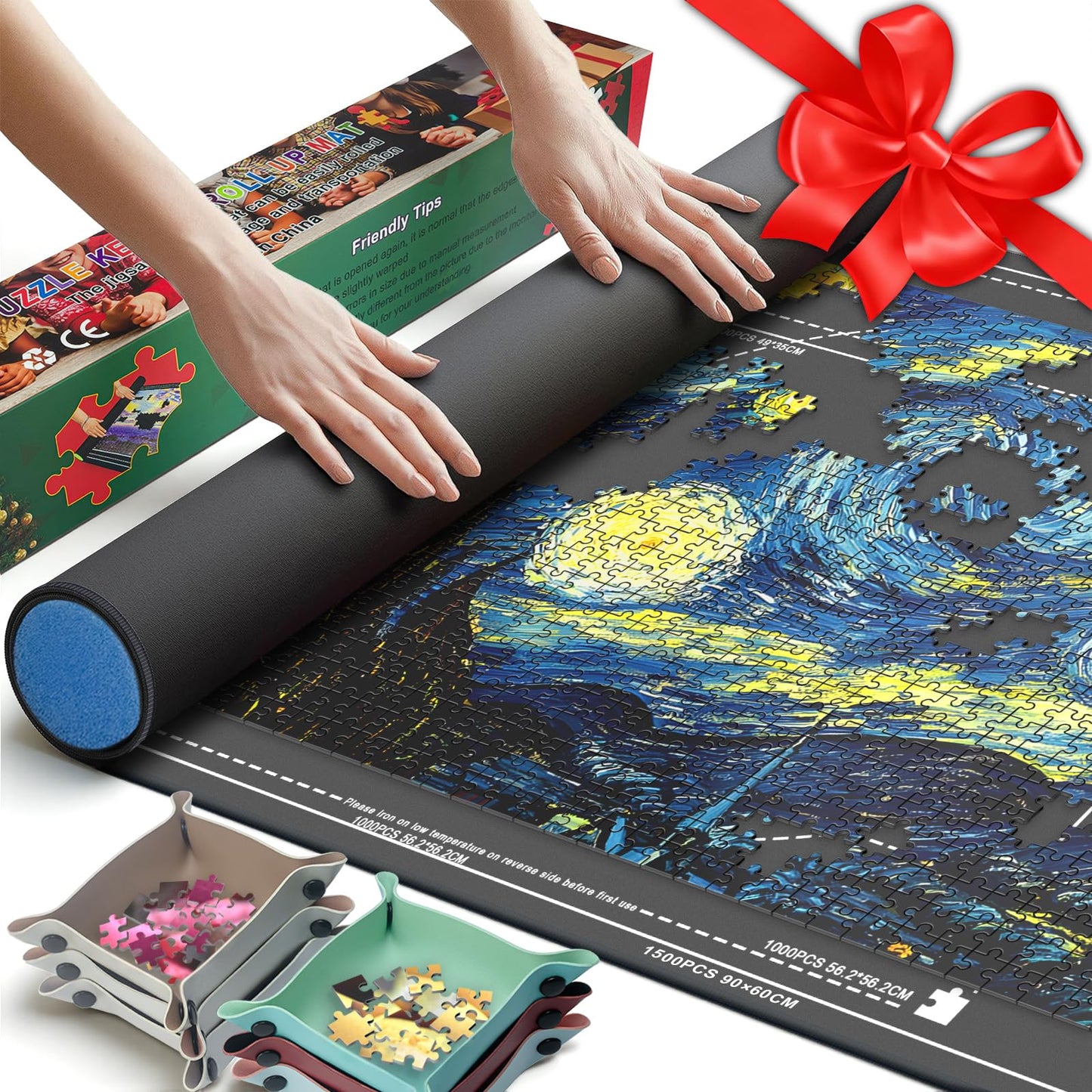 GOECI Puzzle Mat Roll Up with 6 Leather Sorting Trays - 42" x 25" Large Jigsaw Puzzle Saver Mat,Portable Puzzle Keeper for Up to 1500 Pieces,Includes Storage Bag & Foam Tube for Adults