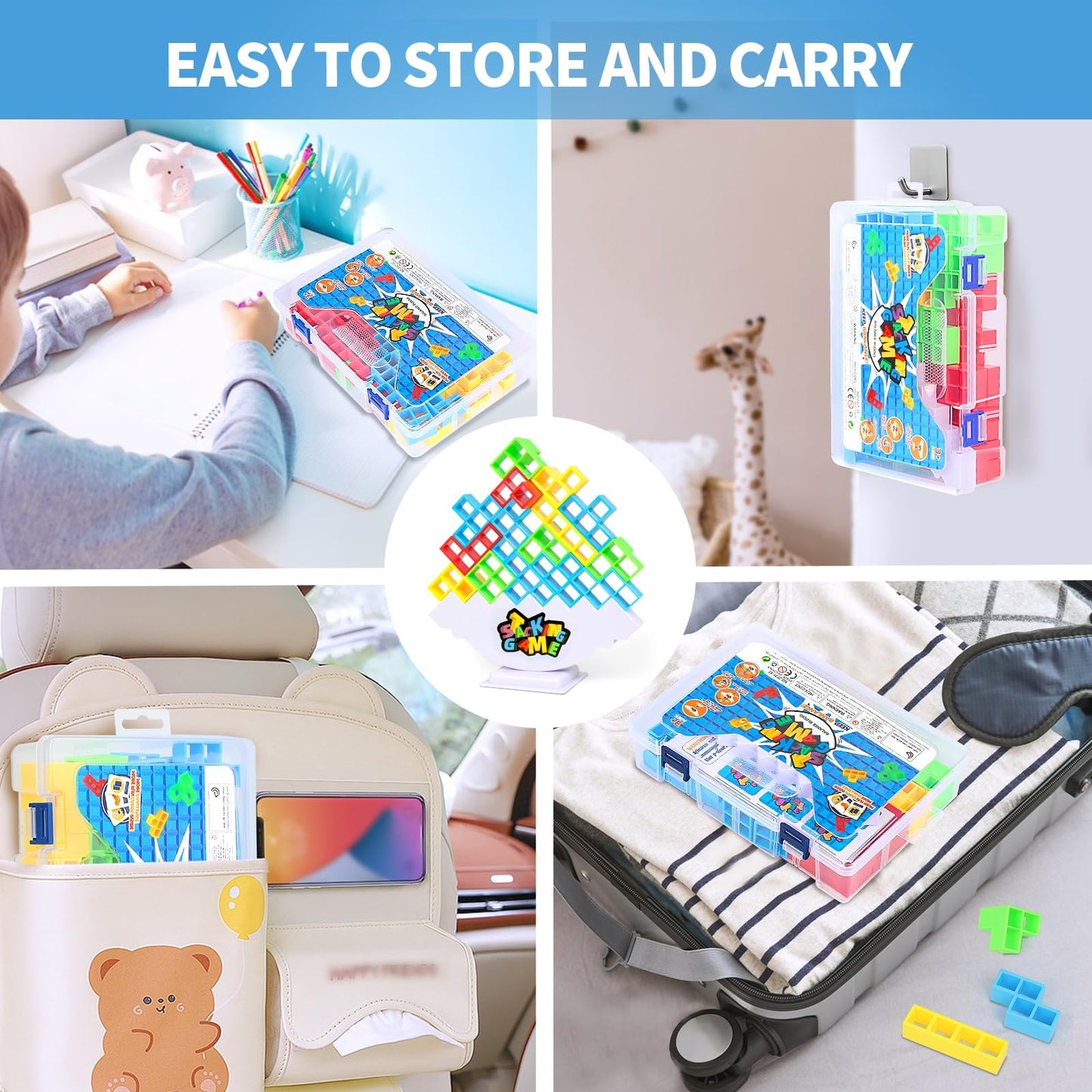 BBnote 48PCS Stack Game for Adult & Kids, Tetra Board Tower Games for Family Travel Party, 2 Players Balance Stacking Toy, Team Toys Building Block