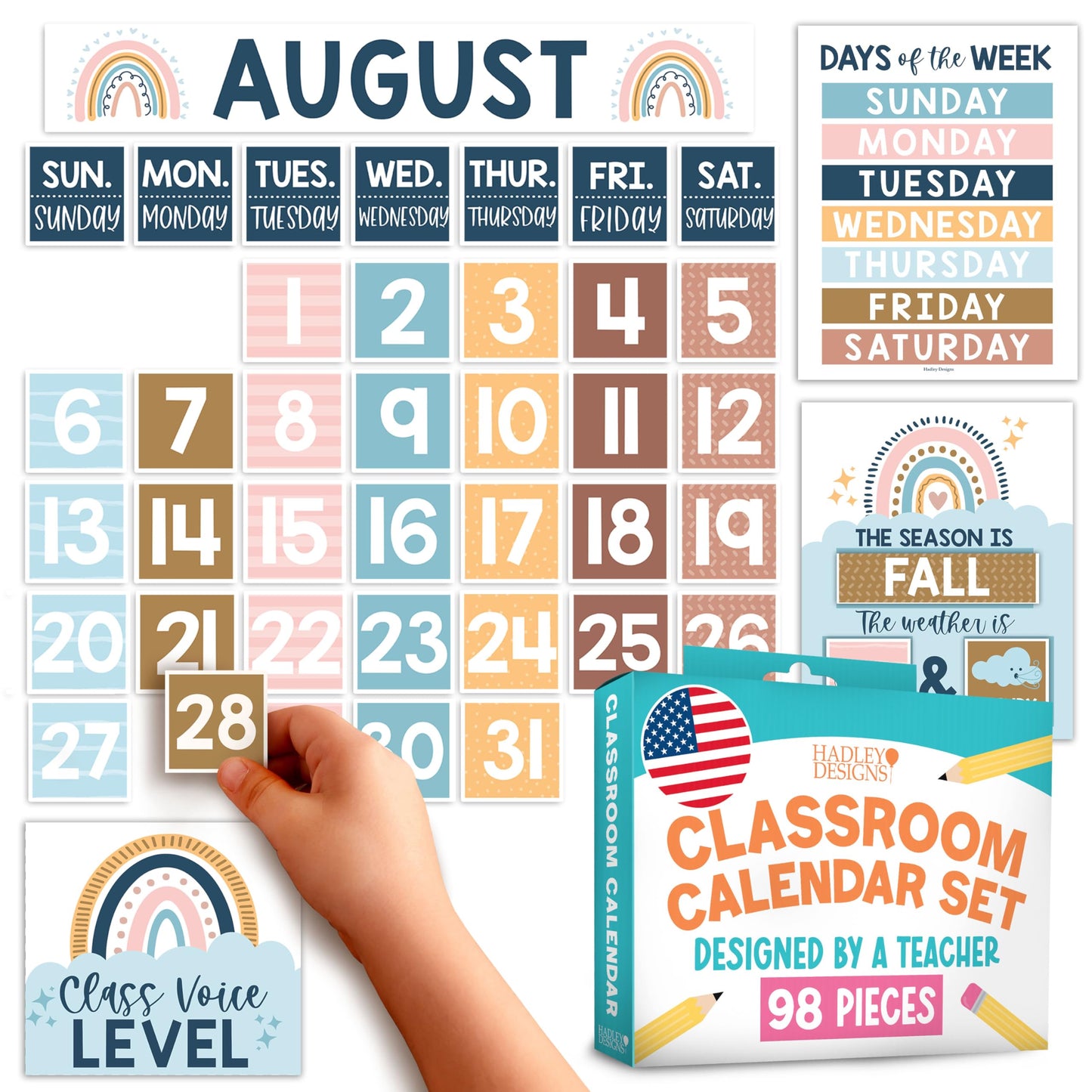 Hadley Designs Classroom Calendar Set Bulletin Board Decorations - Boho School Calendar for Classroom Decor, Kindergarten Preschool Elementary Teacher Must Haves, Homeschool & Daycare Essentials
