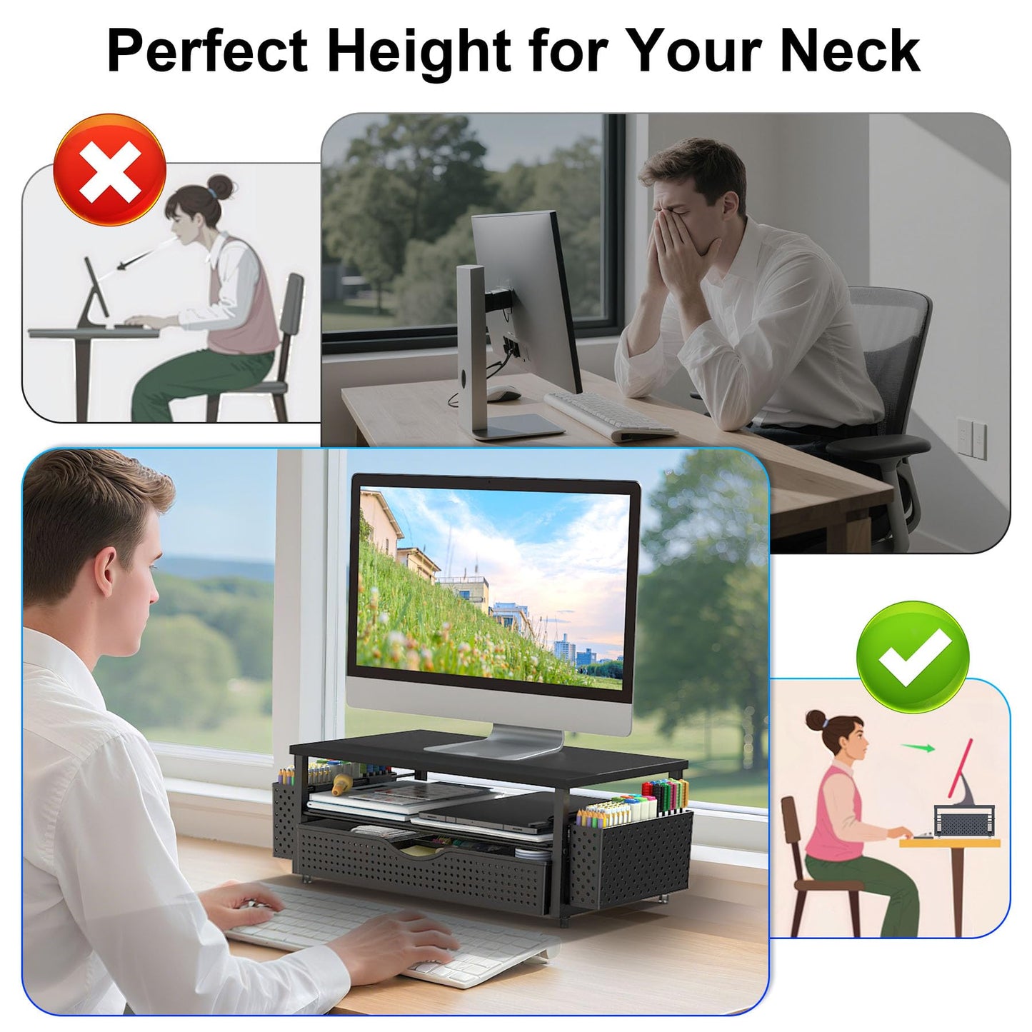 Spacrea Desk Organizer and Accessories, Computer Monitor Stand Riser with Drawer and 2 Pen Holders, Office Desk Accessories & Workspace Organizers for Office Supplies (Black)