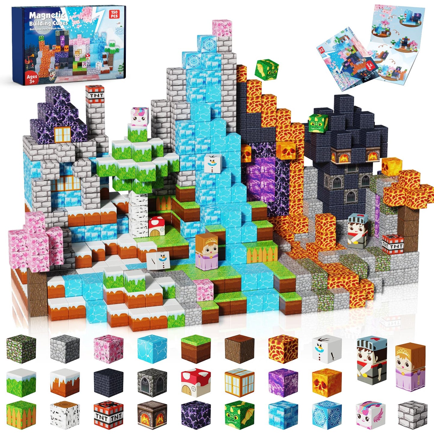 Magnetic Blocks - 150PCS Magnetic Building Block Cubes Dark Forest Glacier Castle, Magnet Toy Building Sets for Kids Age 3+, STEM Stacking Construction Toys Easter Gift for Boys Girls Age 4-8, 8-12