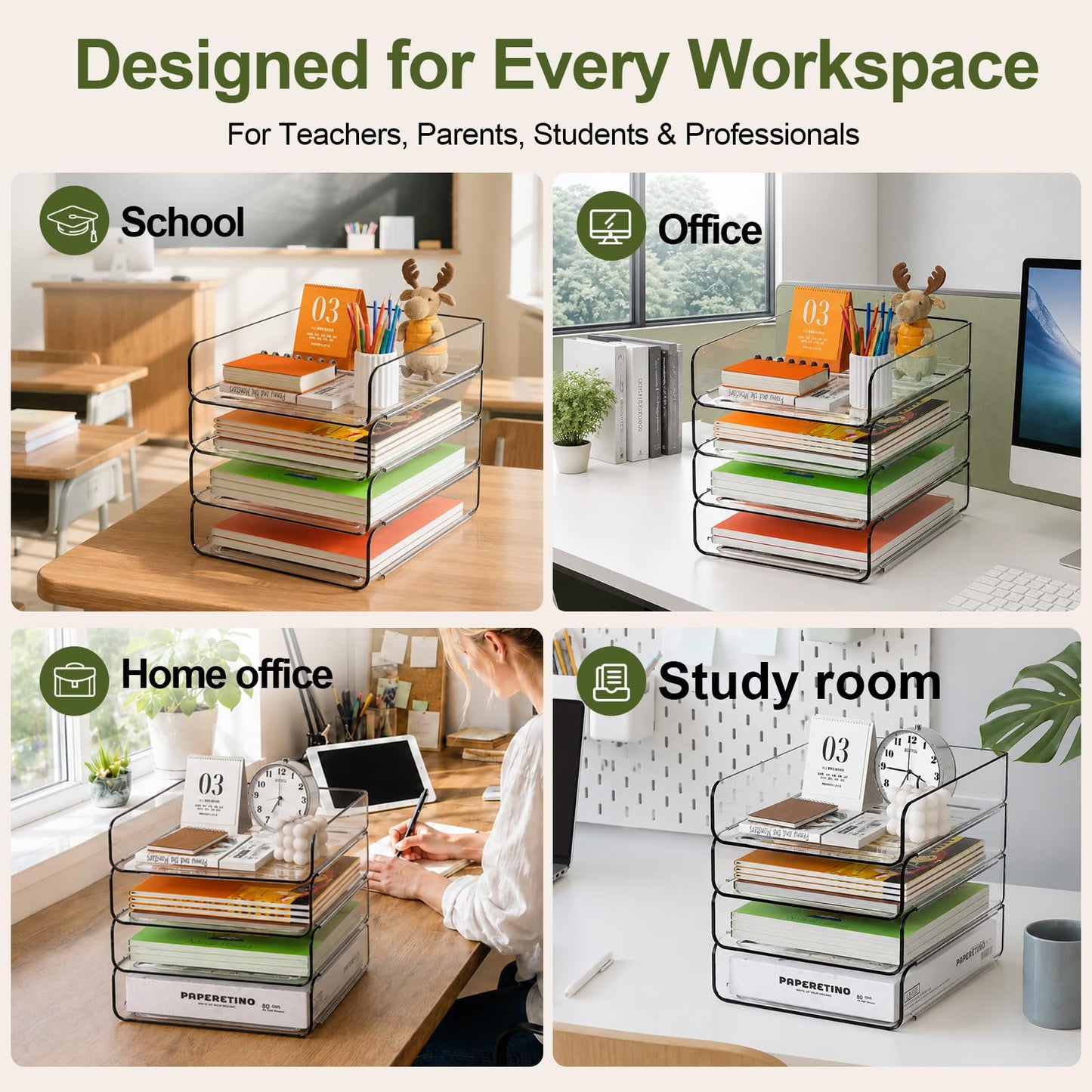 FANXIYQ 4-Tier Acrylic Paper Tray Organizer, Clear Stackable Desk File Organizer for Documents, Files, Letters, A4 Paper, Books, Notes, Mail & Paper Storage, Office Classroom Home