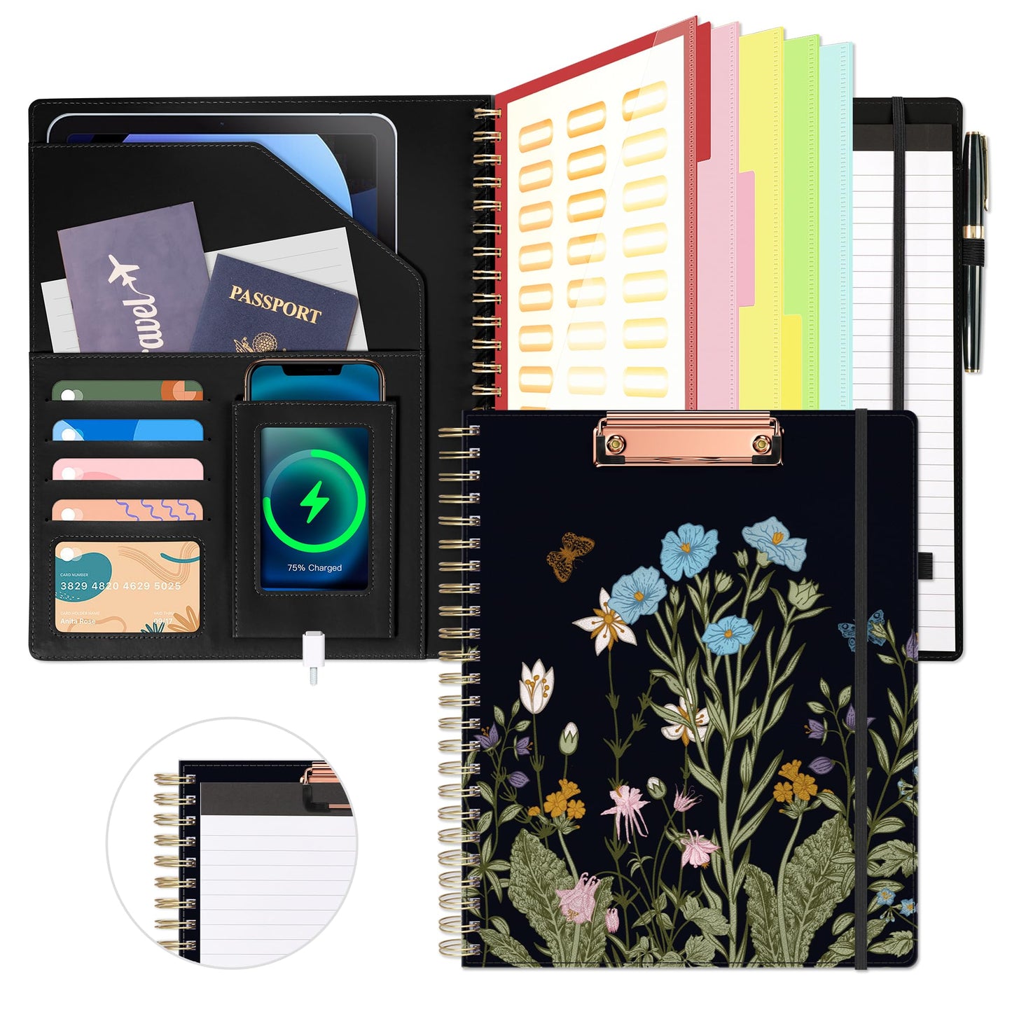 Ospelelf Clipboard with Storage for Women, Leather Padfolio Portfolio Organizer 5 Folders with 10 Pockets, Spiral Clipboard Folio with Notepad for Letter Size, Elastic Closure and Pen Loop Floral
