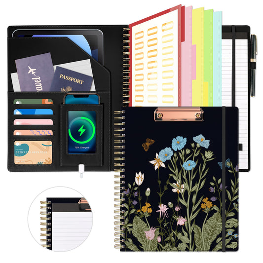 Ospelelf Clipboard with Storage for Women, Leather Padfolio Portfolio Organizer 5 Folders with 10 Pockets, Spiral Clipboard Folio with Notepad for Letter Size, Elastic Closure and Pen Loop Floral