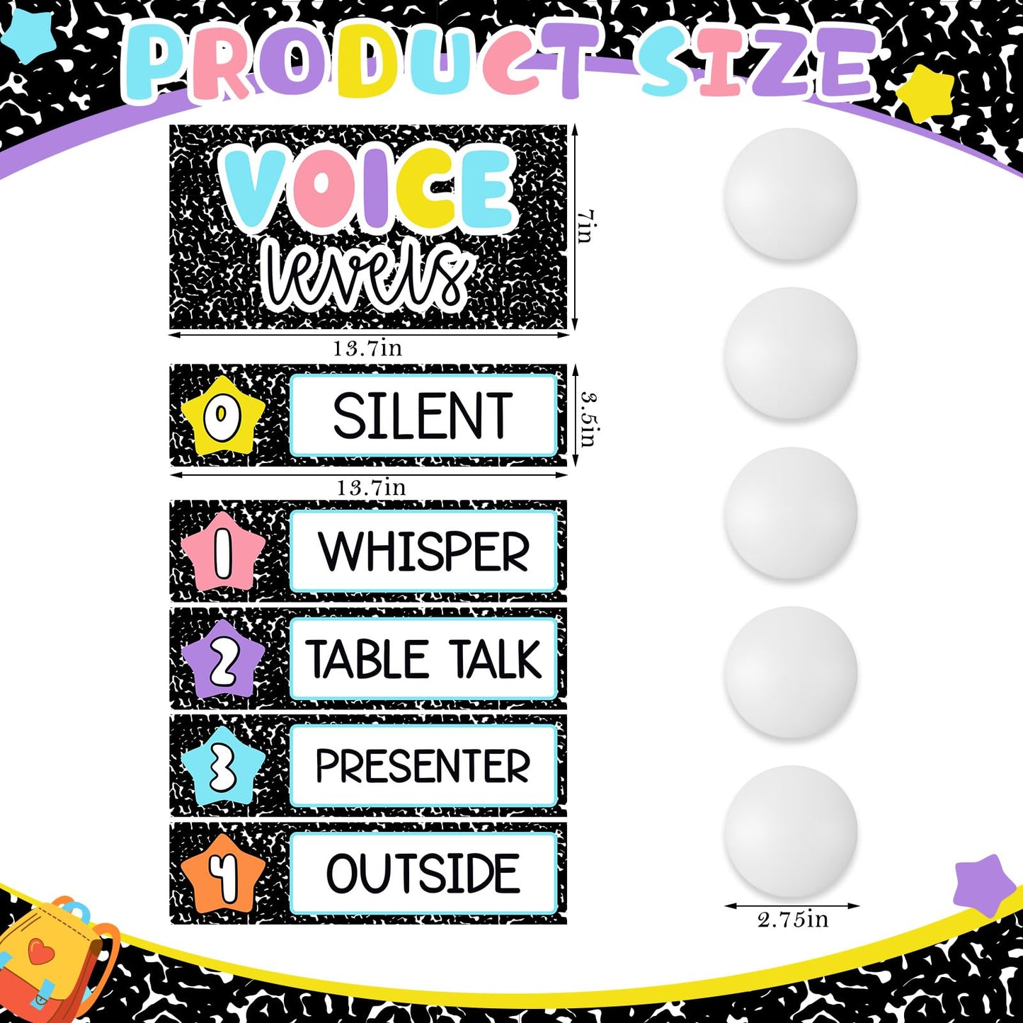 Glooglitter 5 Pcs School Magnetic Voice Level Chart Poster and Push Light Composition Notebook Classroom Decor LED Tap Light Chart Noise Voice Level Sign for Classroom Teacher Back to School Supplies