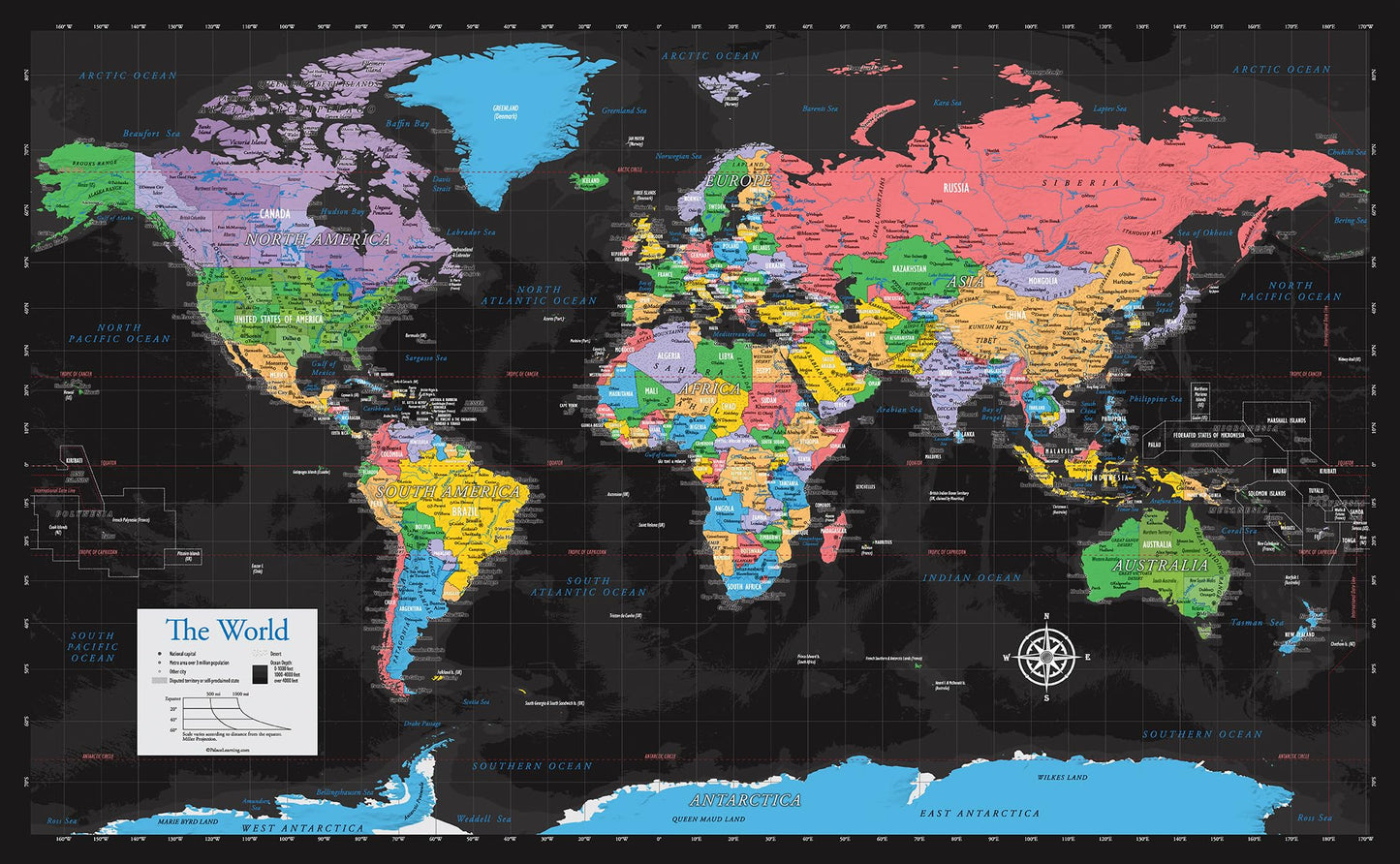 Palace Learning Laminated World Map & US Map Poster Set - 18" x 29" - Wall Chart Maps of the World & United States - Made in the USA (LAMINATED) (Black)