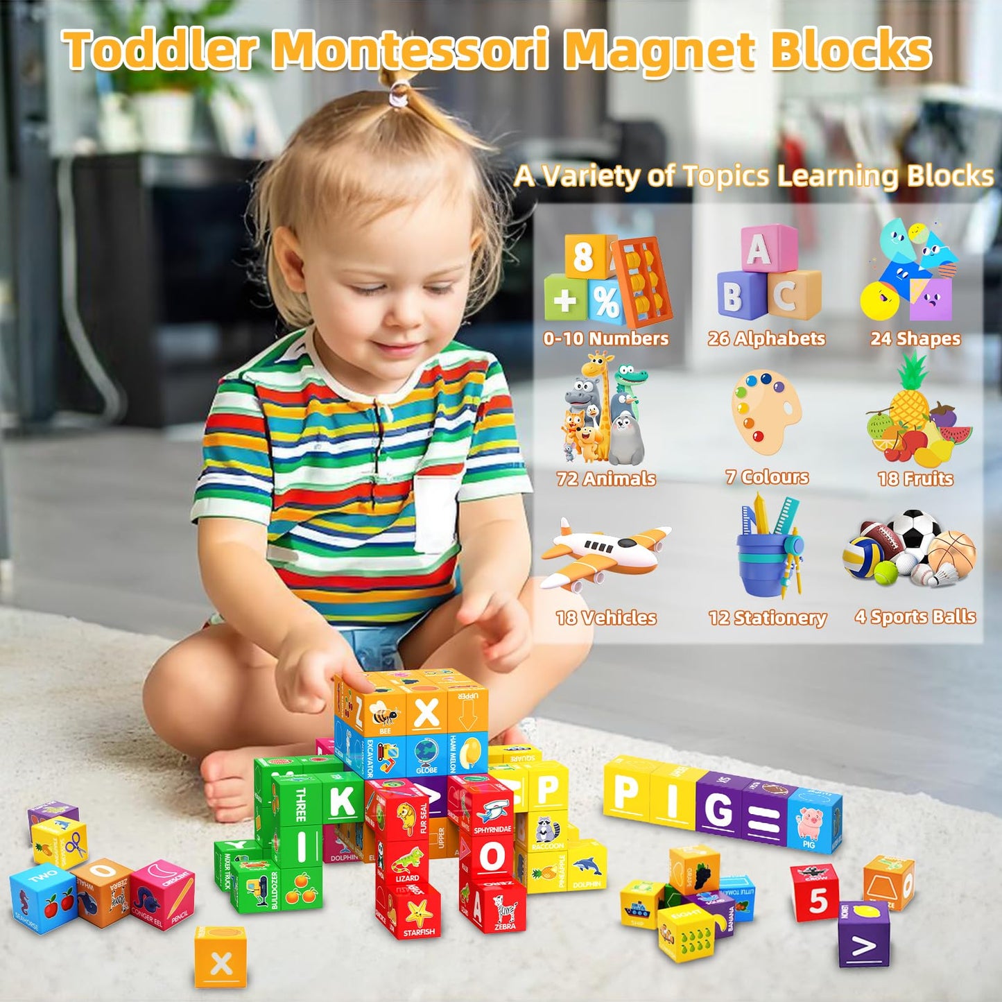 Magnetic Blocks for Toddlers 1-3, 1.4 inch Large Building Blocks Number ABC Learning Toys for 1 2 3 4 5+ Year Old Boys Girls Educational Montessori Toys for Preschool Activities 36PCS STEM Magnet Cube