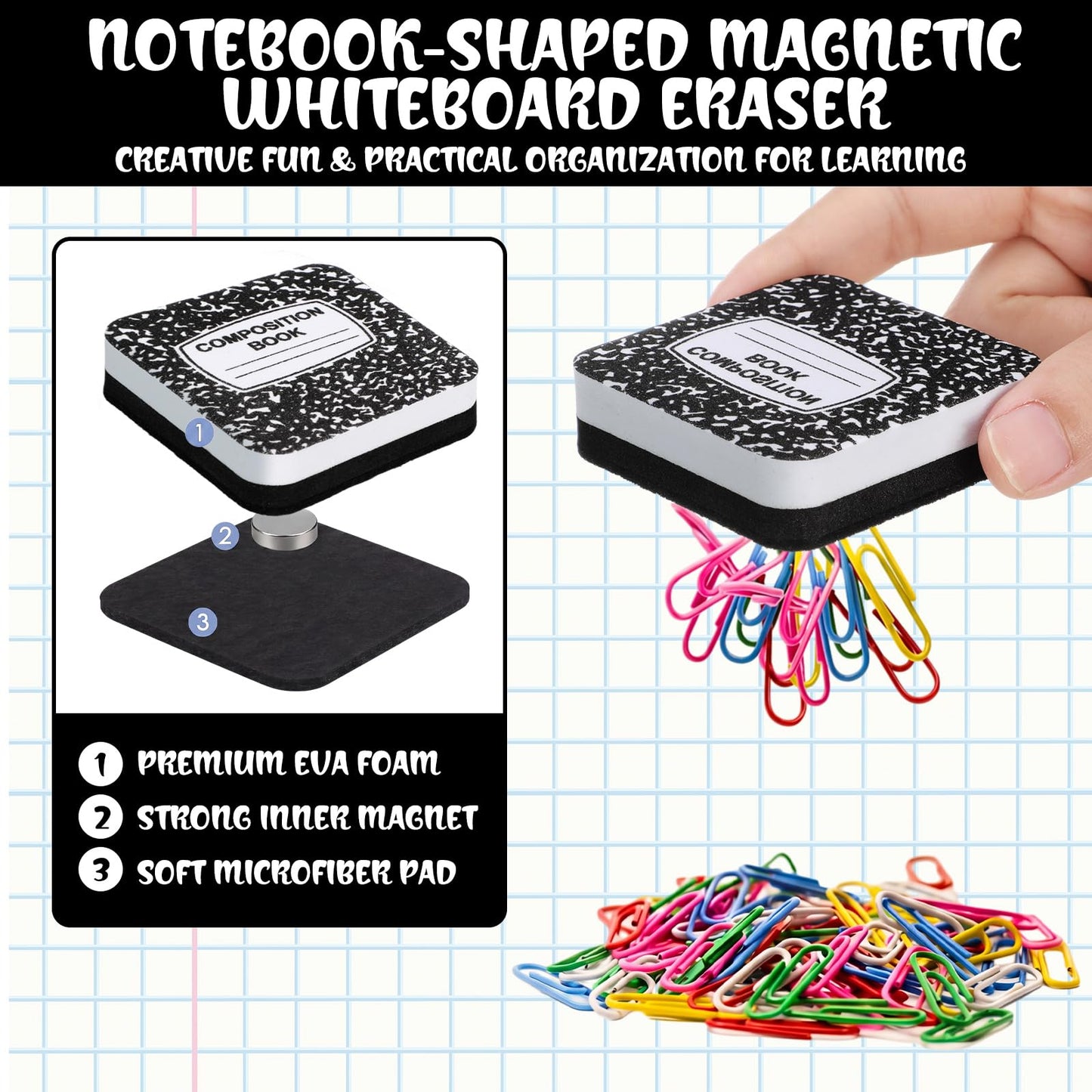 YooNotee 48 Pack Composition Book Magnetic Dry Erase Erasers 2x2 Inch, Mini Whiteboard Dry Erasers Back to School Supplies Chalkboard Cleaning Pads for Classroom Office Kindergarten Decor