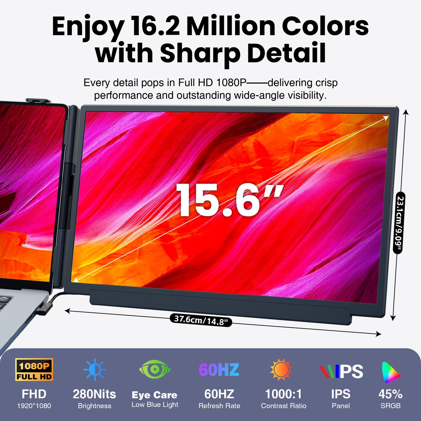 kasorey Laptop Screen Extender, 15.6" FHD 1080P Detachable Laptop Monitor Extender for 13-17.3" Laptop, Plug-Play Portable Laptop Extended Monitor, Slim 0.27'' Travel Monitor for Wins/Mac/Android/PS5
