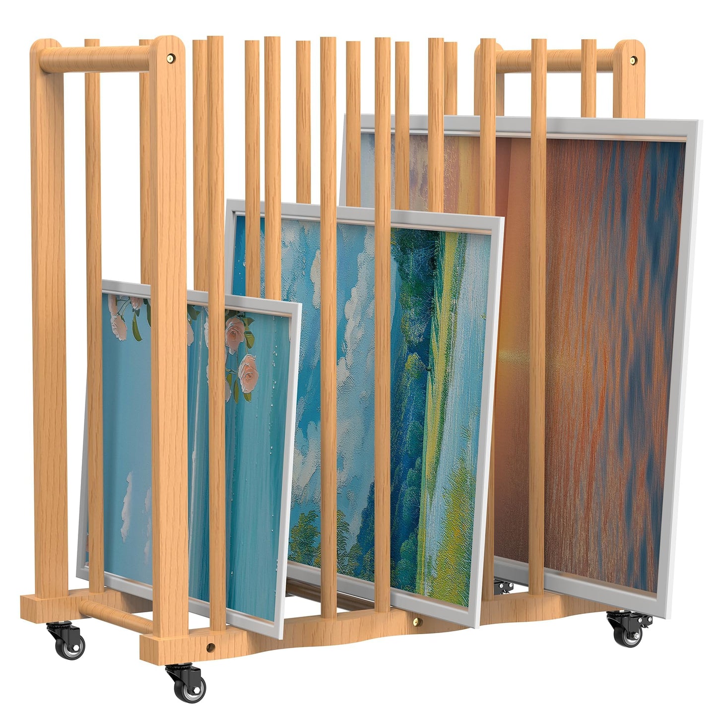 BERPET Wood Art Drying Rack, Canvas Storage Rack with Handle and Caster Wheels for Drawing Board, Panel, Paper Pad and Art Studios, Artworks, Gallery