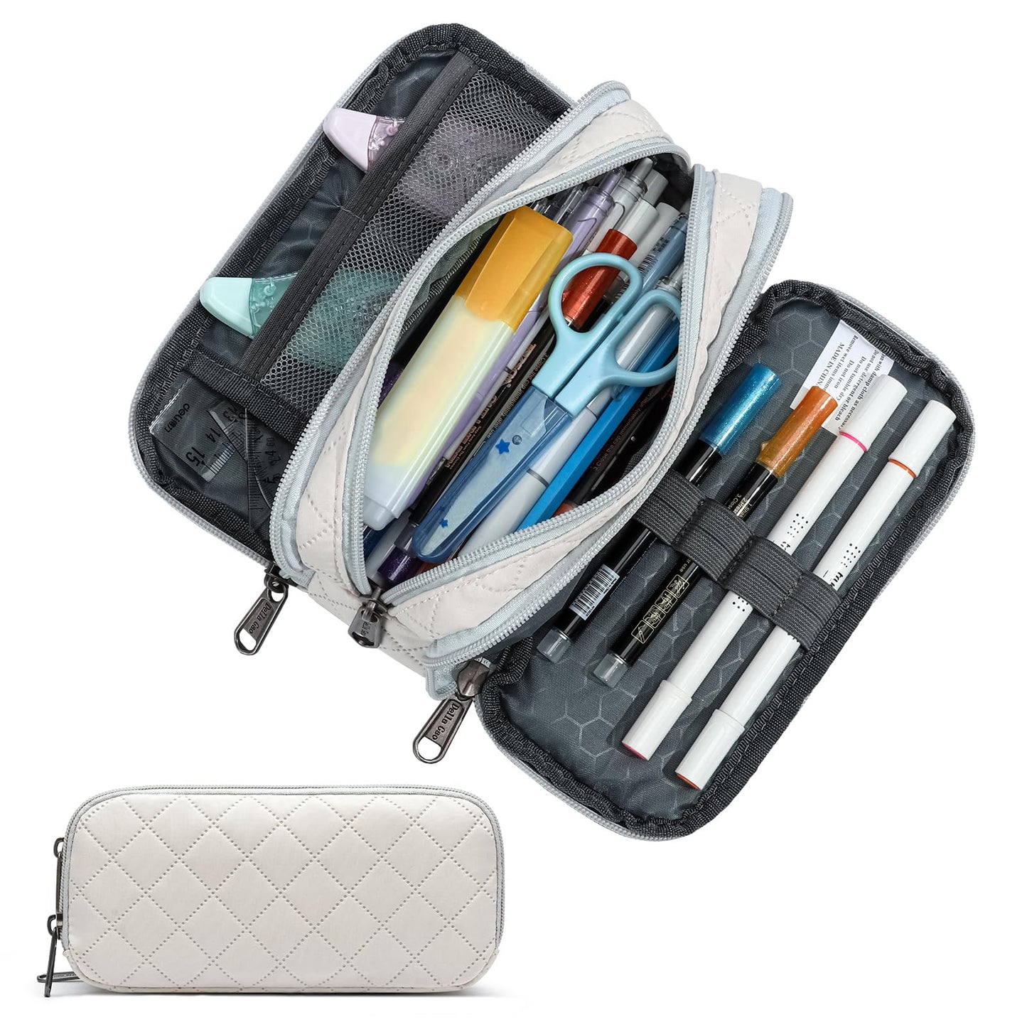 Della Gao Large Pencil Case, Big Capacity Pencil Pouch with 3 Compartments, Office Pencil Bag with Zipper, Big Pen Case for Adults (01-3Beige)