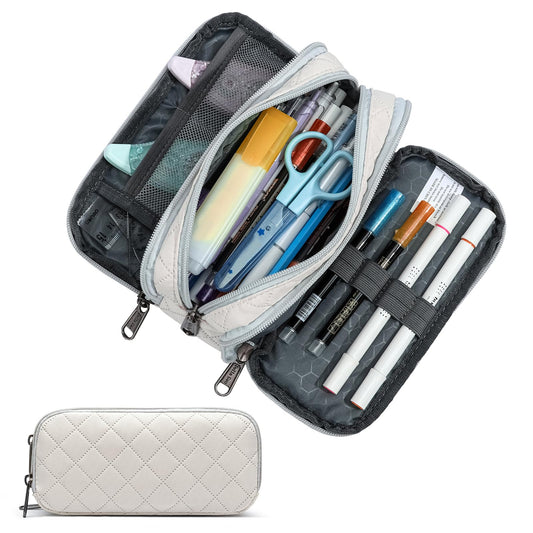 Della Gao Large Pencil Case, Big Capacity Pencil Pouch with 3 Compartments, Office Pencil Bag with Zipper, Big Pen Case for Adults (01-3Beige)