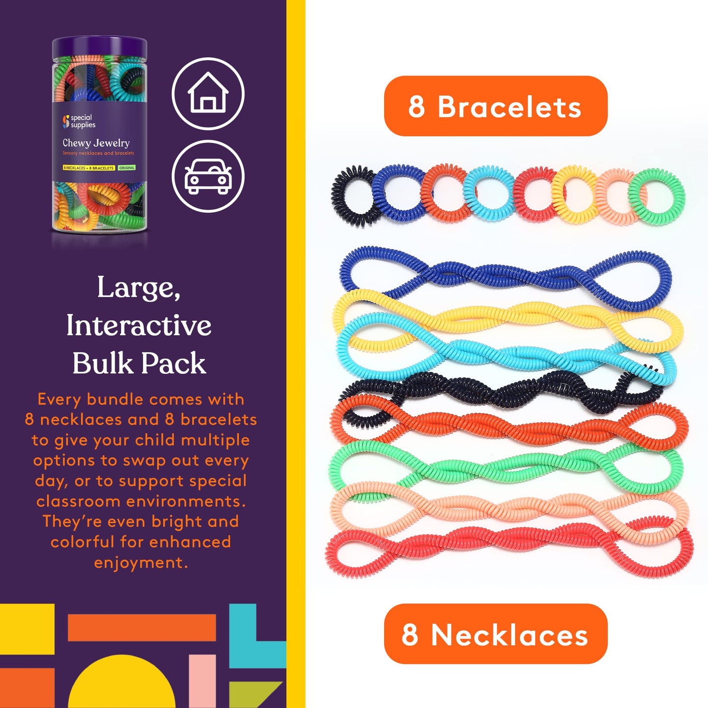 Special Supplies Chewy Jewelry Sensory Necklaces and Bracelets, 16 Pack, Soft and Flexible Silicone, Interactive Relief for Kids (Multicolor)