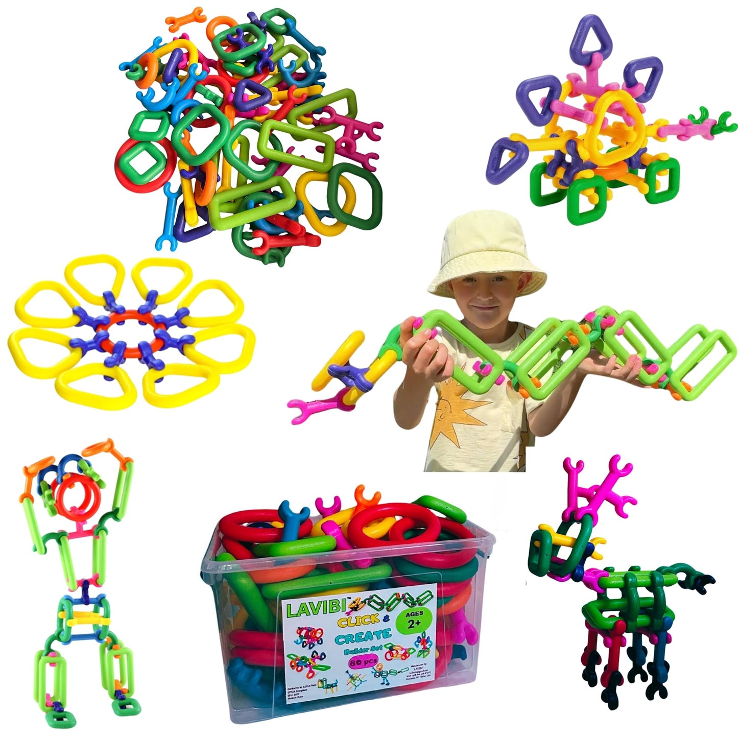 LAVIBI Click & Create Builder Set (80 pcs) - STEM Educational Interlocking Building Blocks for Kids Ages 2-7, Creative Construction Toy for Boys & Girls, Colorful Fine Motor Skills Toy