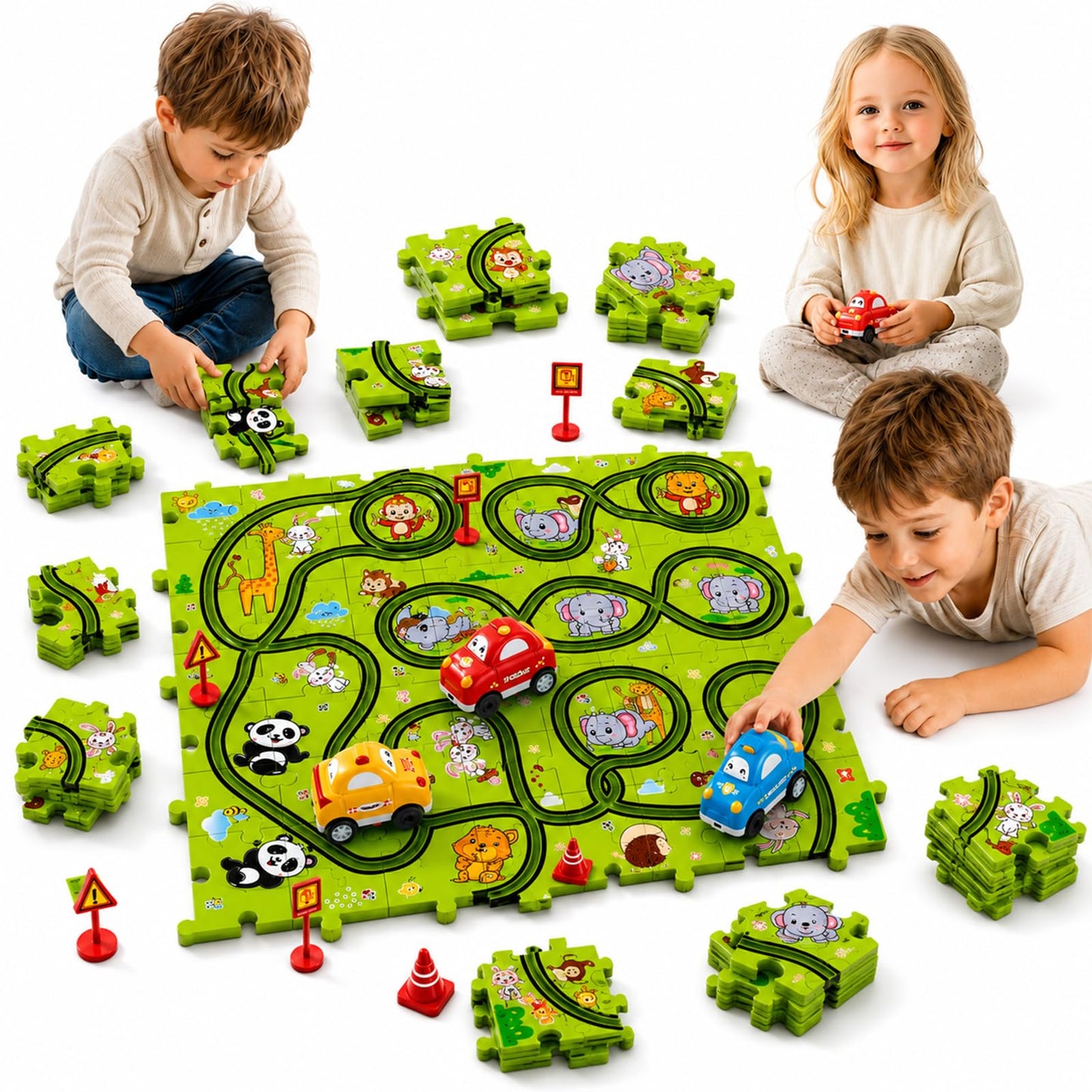 Beby Buty 64PCS Puzzle Race Track Car Set for Kids Boys, Floor Puzzle Tracks Car Toys for Boys Girls Ages 3-5 4-6, Toddler Toys Gifts for 3 4 5 Year Old, Ideal 3 4 5 6 Year Old Birthday Gifts