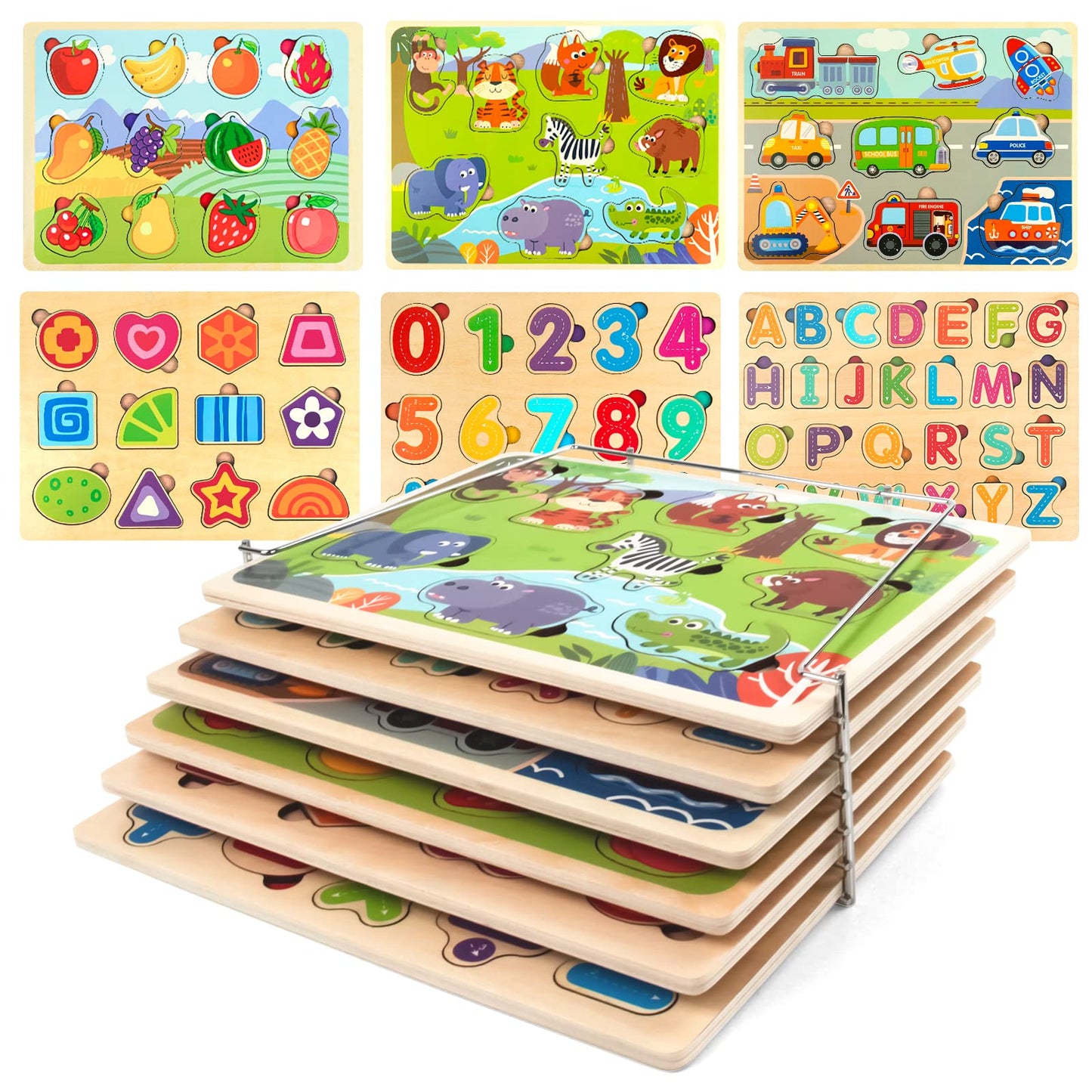 Wooden Puzzles for Toddlers with Storage Rack, WOOD CITY Toddler Puzzles Ages 3-6 for Kids, Learning Preschool Wood Puzzle for Boys and Girls-6 Pack Alphabet Number Shape Fruit Animal Vehicle