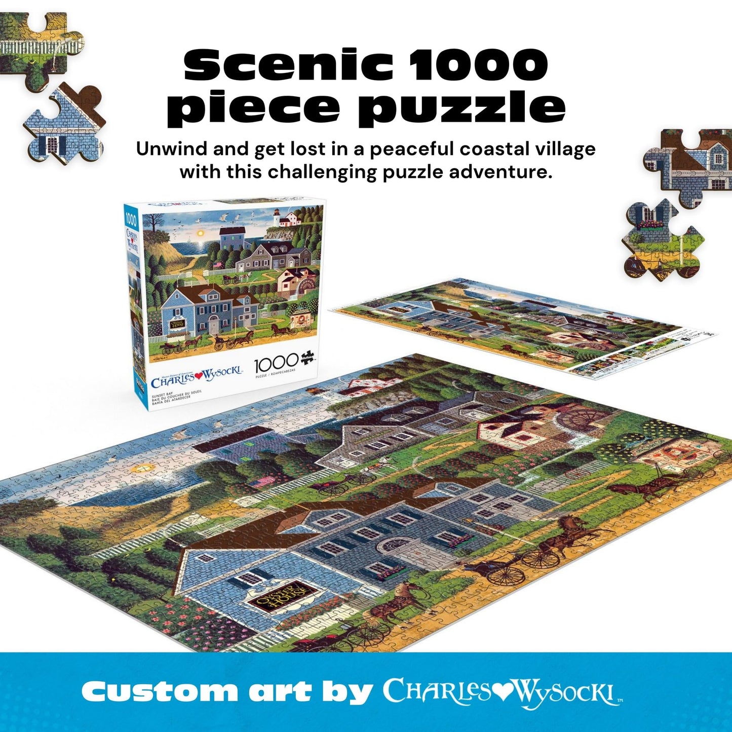 Buffalo Games Charles Wysocki - Sunset Bay - 1000 Piece Jigsaw Puzzle, 26.75 x 19.75 in - 1000 Piece Puzzle for Adults - Clean Cut Sections - Reference Poster Included
