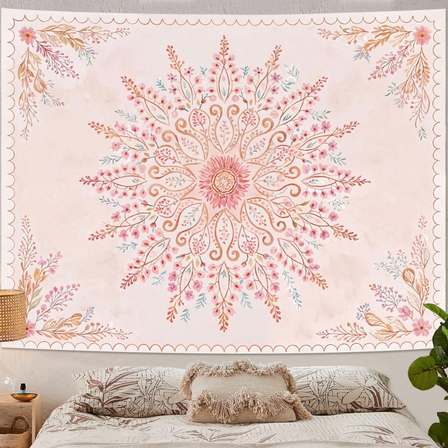 Lunerfex Floral Mandala Tapestry Boho Tapestry for Bedroom Pink Tapestries Wall Hanging Living Room Wall Art and Home Decor 70x90