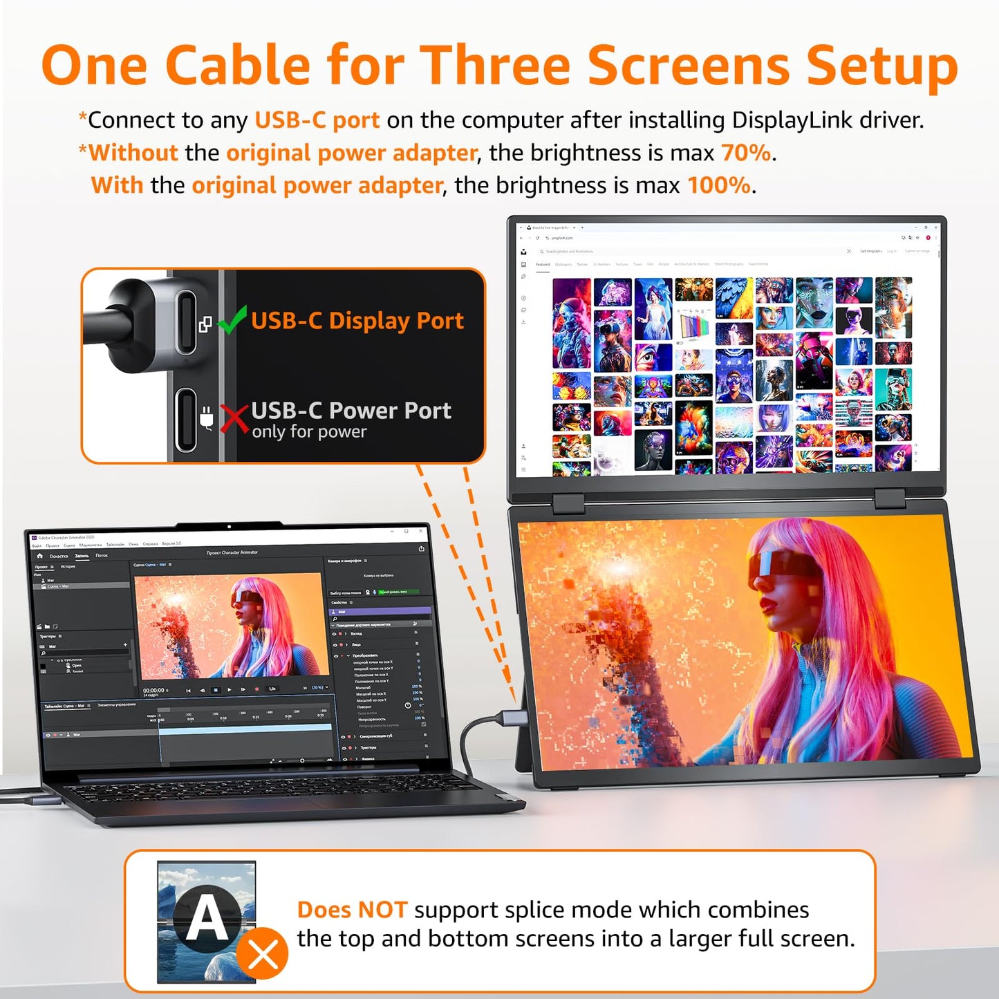 Upperizon Portable Monitor Foldable Dual Screen 15.6 inch FHD 107% sRGB IPS HDMI USB-C Travel Monitor for Laptop Mac PC Windows, DisplayLink Stacked Screen Extender with Kickstand, VESA Compatible