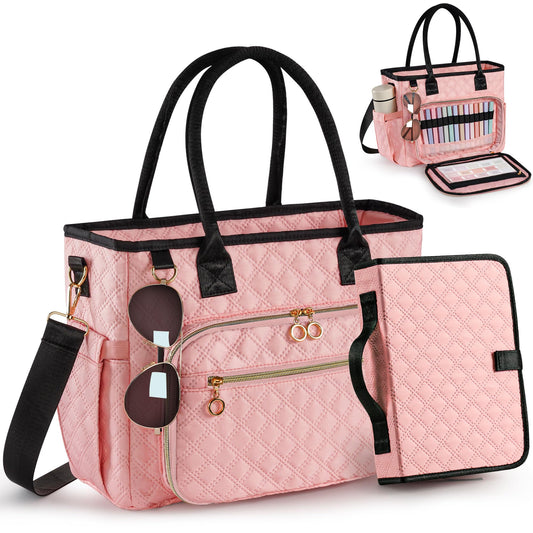 Large Bible Bag with Bible Cover Case for Women, Quilted Church Tote Bags for Bible Study Supplies, Christian Gifts for Women (Pink)