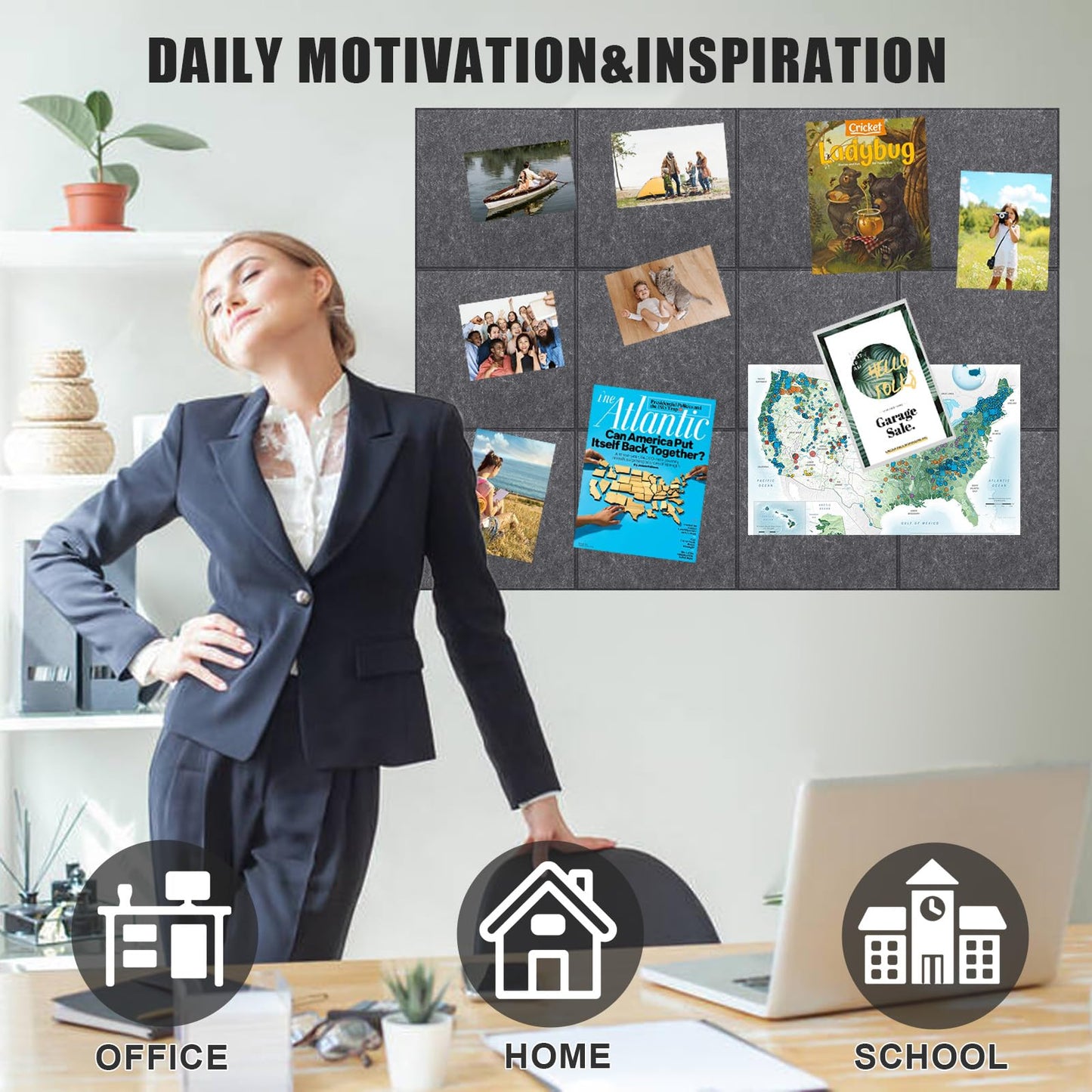 Large Cork Board Alternative 48" X 36" Bulletin Board - 12 Pack Removable Felt Wall Tiles with 30 pushpins, Large Cork Boards for Walls Cork Board for Office Pin Board Tack Board - Dark Gray