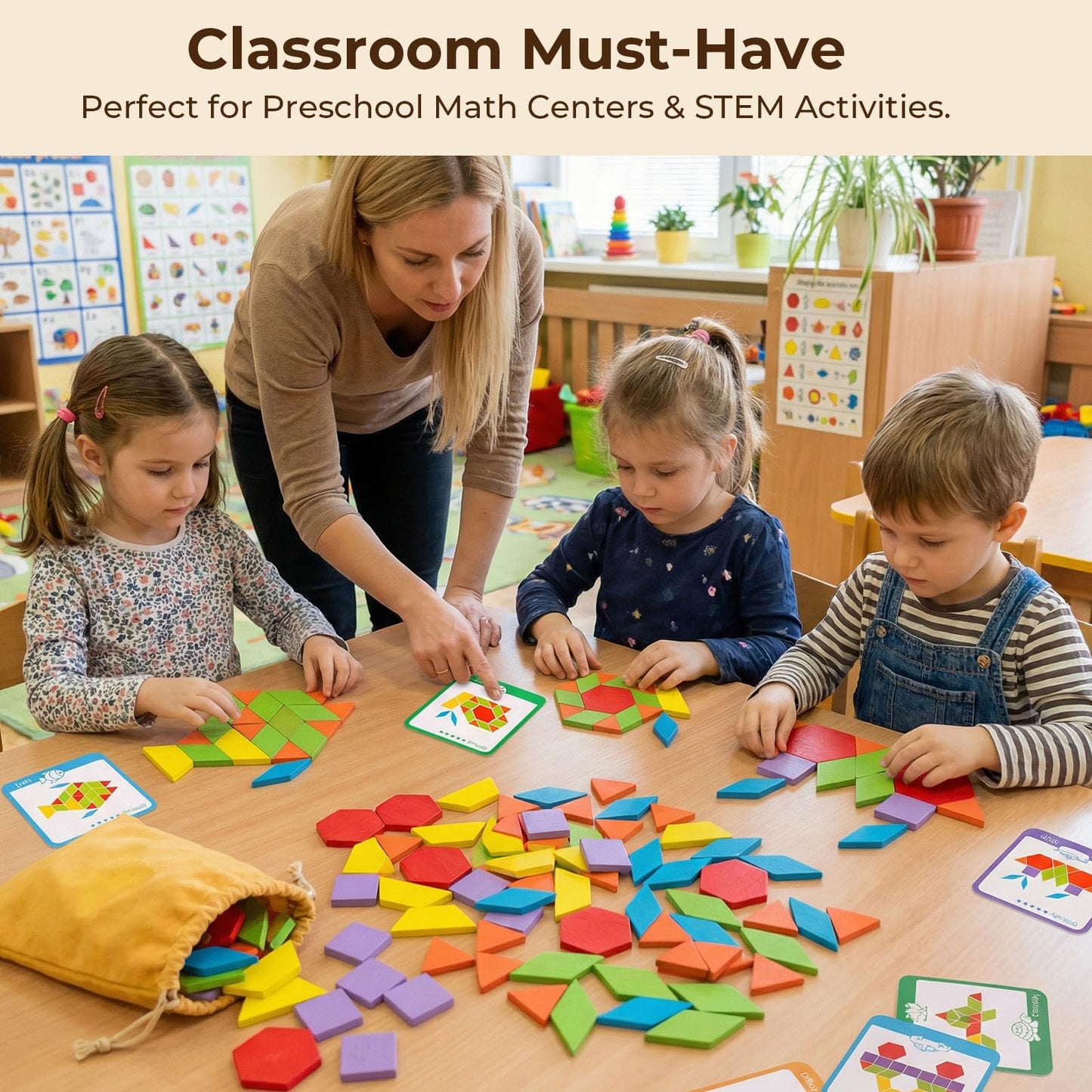 LovesTown 209 PCS Shapes Wooden Pattern Blocks for Kids, Geometric with Activity Cards and Storage Bag, Educational Tangram Puzzles,Great Learning Gift from Parents or Teachers
