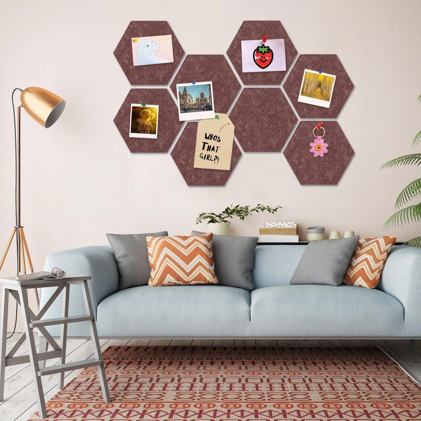 8 Packs Brown Hexagon Felt Pin Board, 12" Bulletin Board with 30 Push Pins, Felt Board for Home Kitchen Office Decor, Self-Adhesive Corkboard Tiles for Walls Message Photos Memos Display