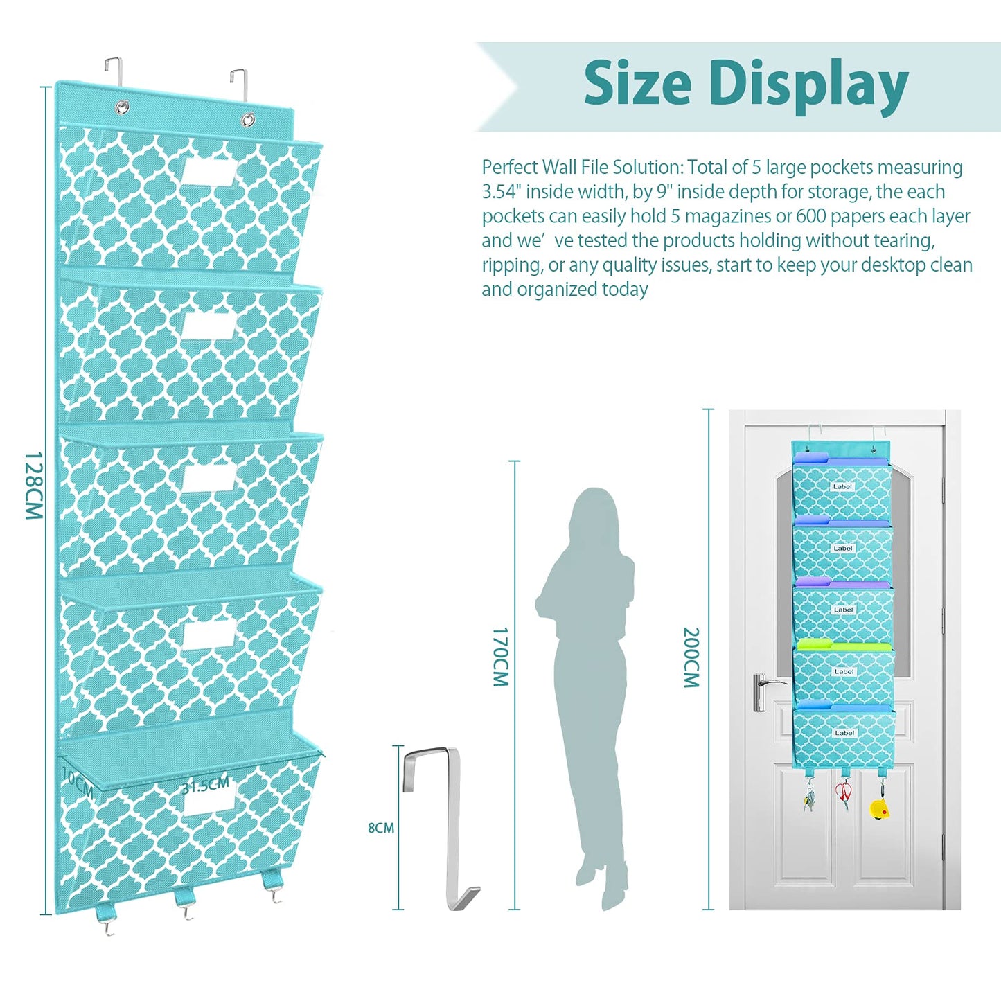 Over the Door File Organizer, Hanging File Folders, Wall Organizers and Storage for Mail, Magazine, Notebooks, Planners, Office, Classroom, 5 Extra Large Pockets, 50.39” Tall (Blue Lantern Pattern)