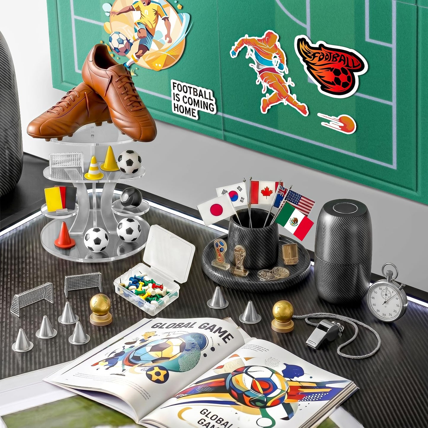 APOBATK Arched Felt Bulletin Board Soccer Field Design, 35" x 24" - 6 Tiles Soccer Room Decor for Boys, Sports Wall Decor Pin Board for Bedroom Office Photos & Notes