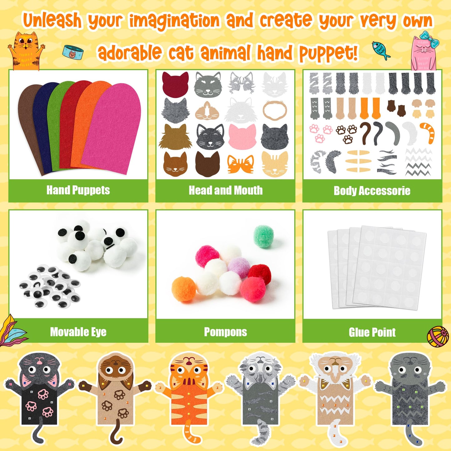 WATINC 6Pcs Hand Puppet Making Kit, Art Craft Felt Sock Puppet Toys, Creative DIY Make Your Own Pompoms Wiggle Googly Eyes Storytelling Role Play Party Supplies Gift for Girls Boys (Cat A)