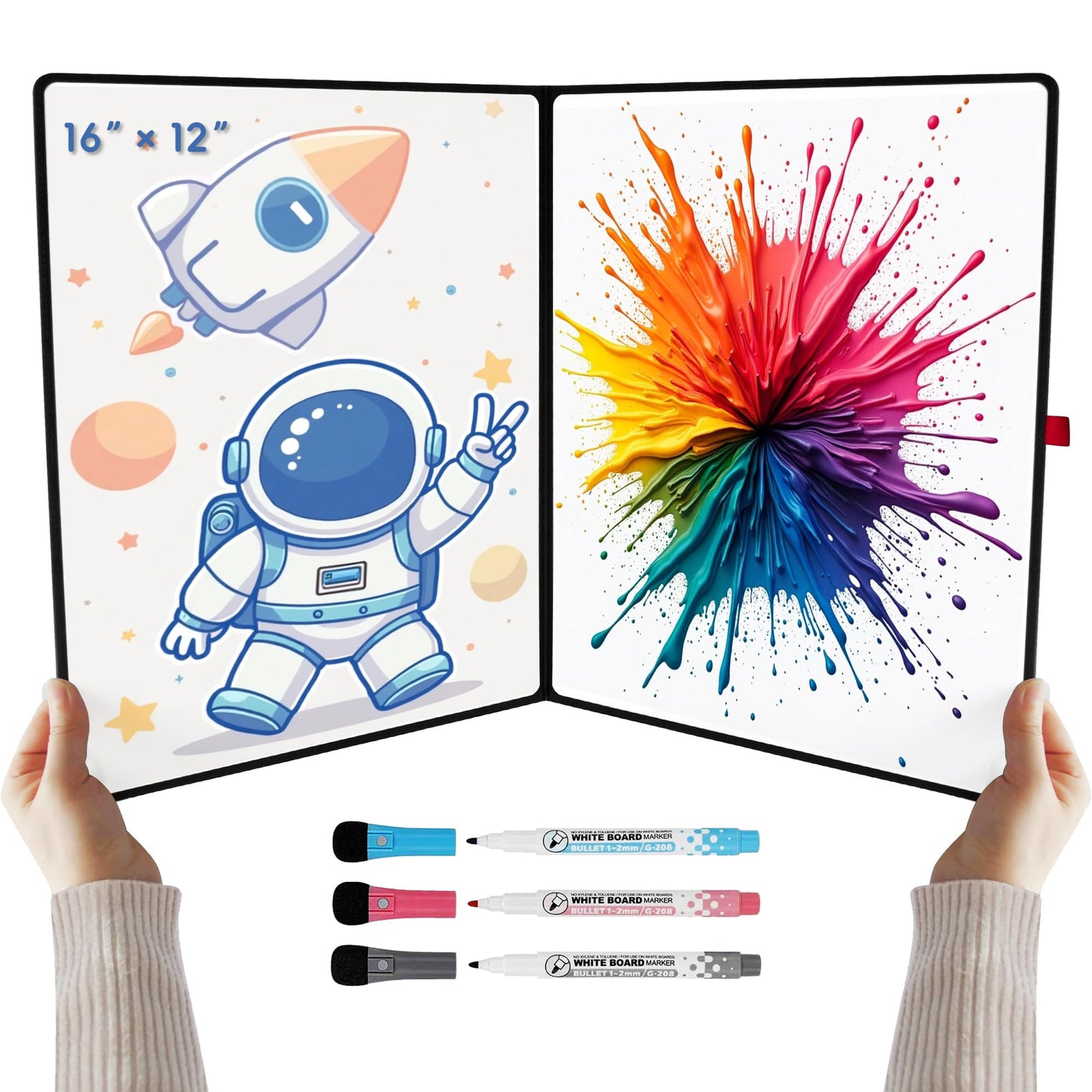 iNenya Double-Sided White Board 16×12inch - Expands to 24“×16” Dry Erase Board with 3 Markers & Anti-Ghosting Surface | Magnetic-Ready | Ultra-Thin for Office,School,Travel,Home(16"×12"-Black)