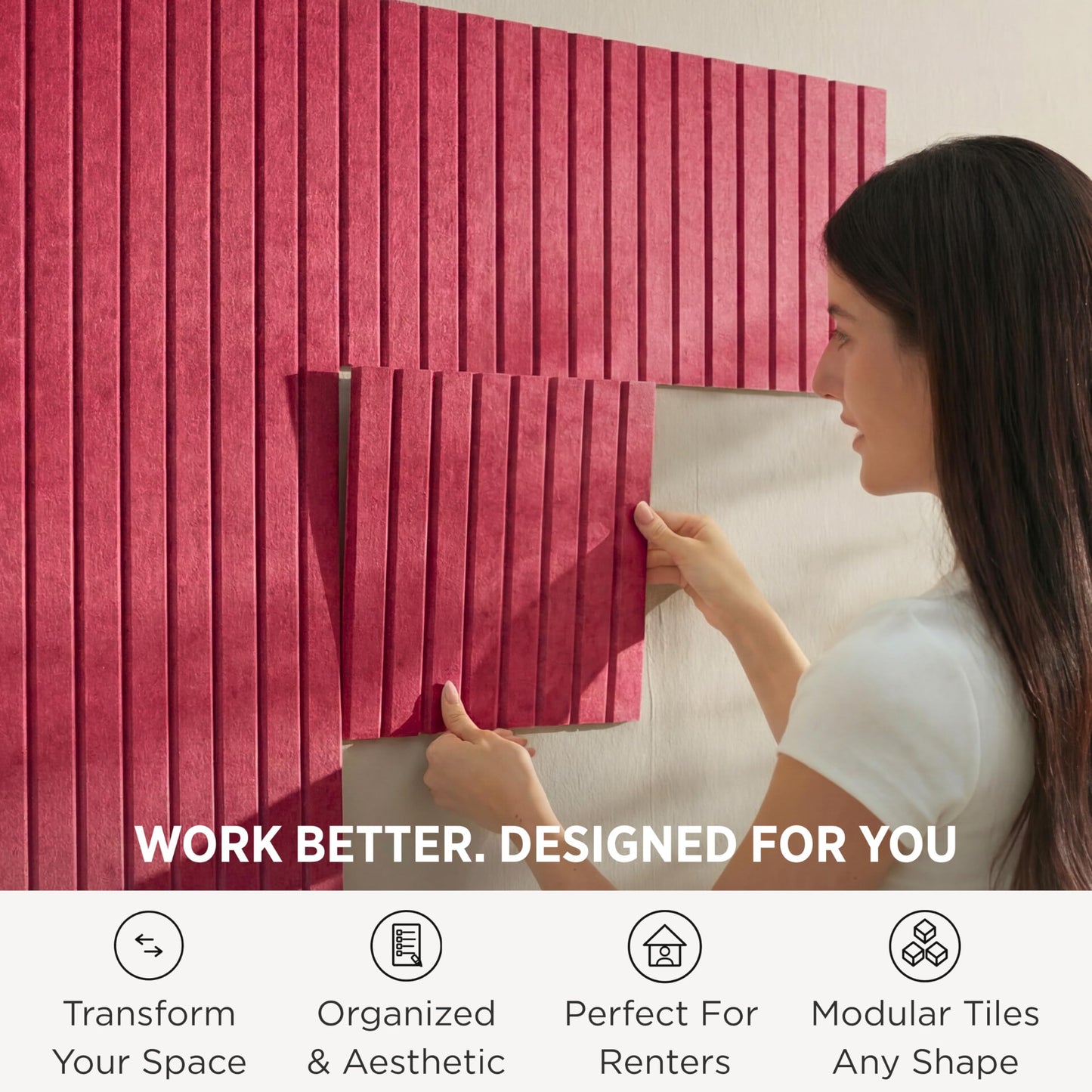VIVELDA Felt Bulletin Board Tiles 48"x36" - 12-Pack Cork Board Alternative, Oeko-TEX Certified, NRC 0.95 Acoustic Wall Panels, Damage-Free Adhesive, Slatted Design, Home Office & Classroom (Burgundy)