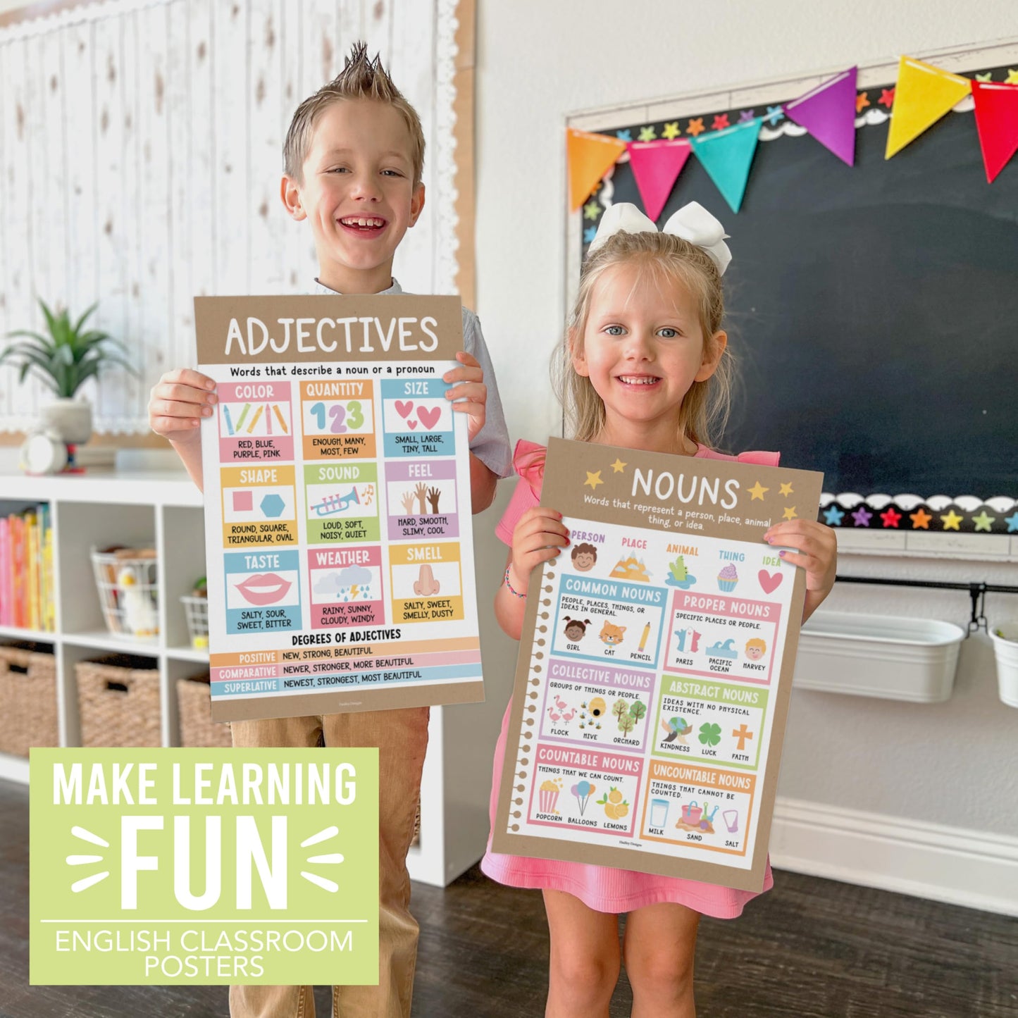 Parts of Speech Posters for Classroom Must Haves - 12 English Grammar Posters, Writing Process Language Arts for Homeschool, Elementary & Middle School, ELA 3rd 4th & 5th Grade Kraft Classroom Decor