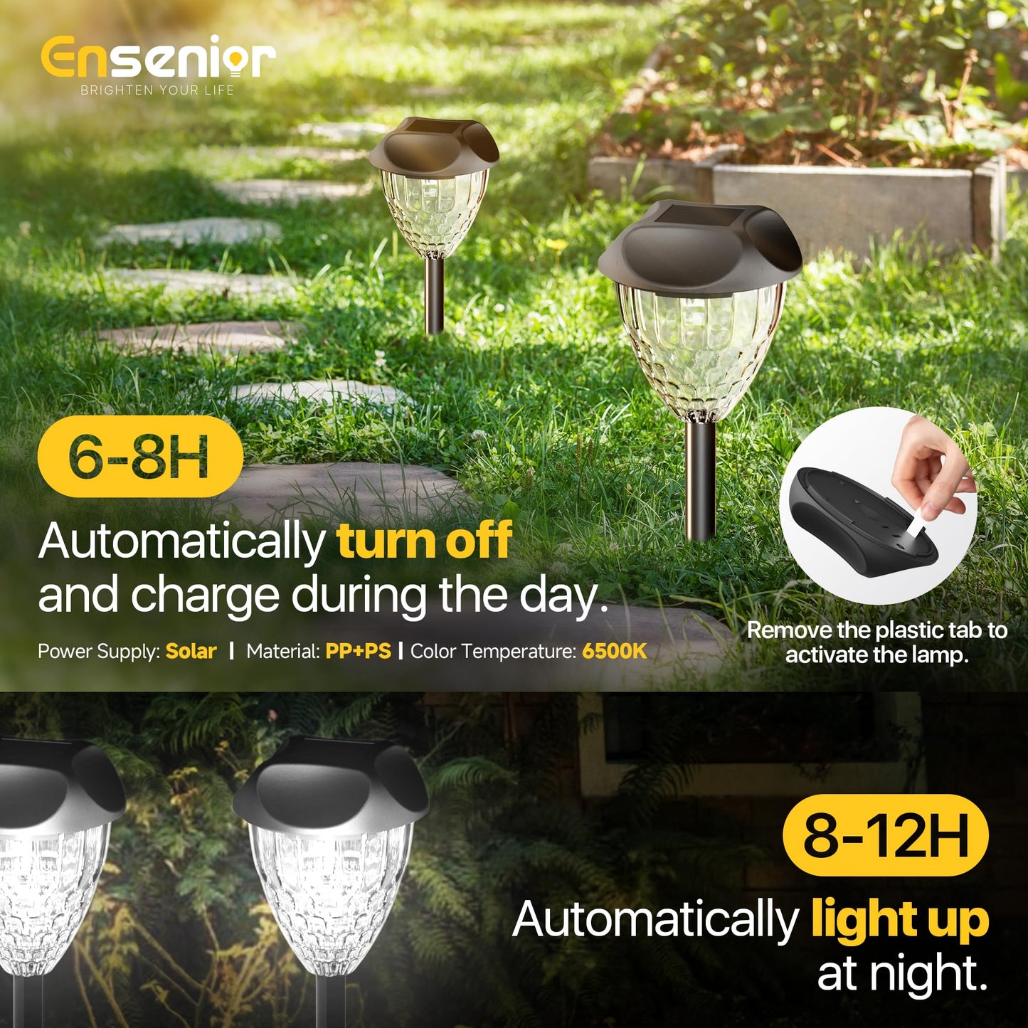 Ensenior 8-Pack Solar Garden Lights, 6500K LED, Cool White, Waterproof, Auto ON/OFF, Plastic, Model CP3-10CM-65K-08-BL