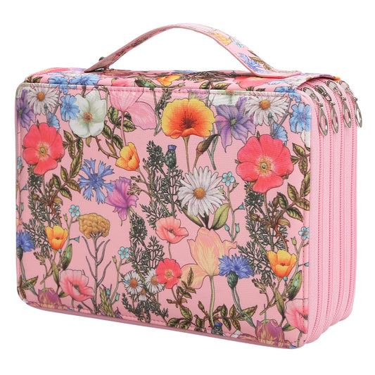 Vomgomfom 200 Slots Pencil Bag, 4-Layer Zipper Portable Art Supply Organizer, PU Leather Large Capacity Colored Pencil Case with Handle for 200 Watercolor Pens, Gel Pens (Pink Flower)