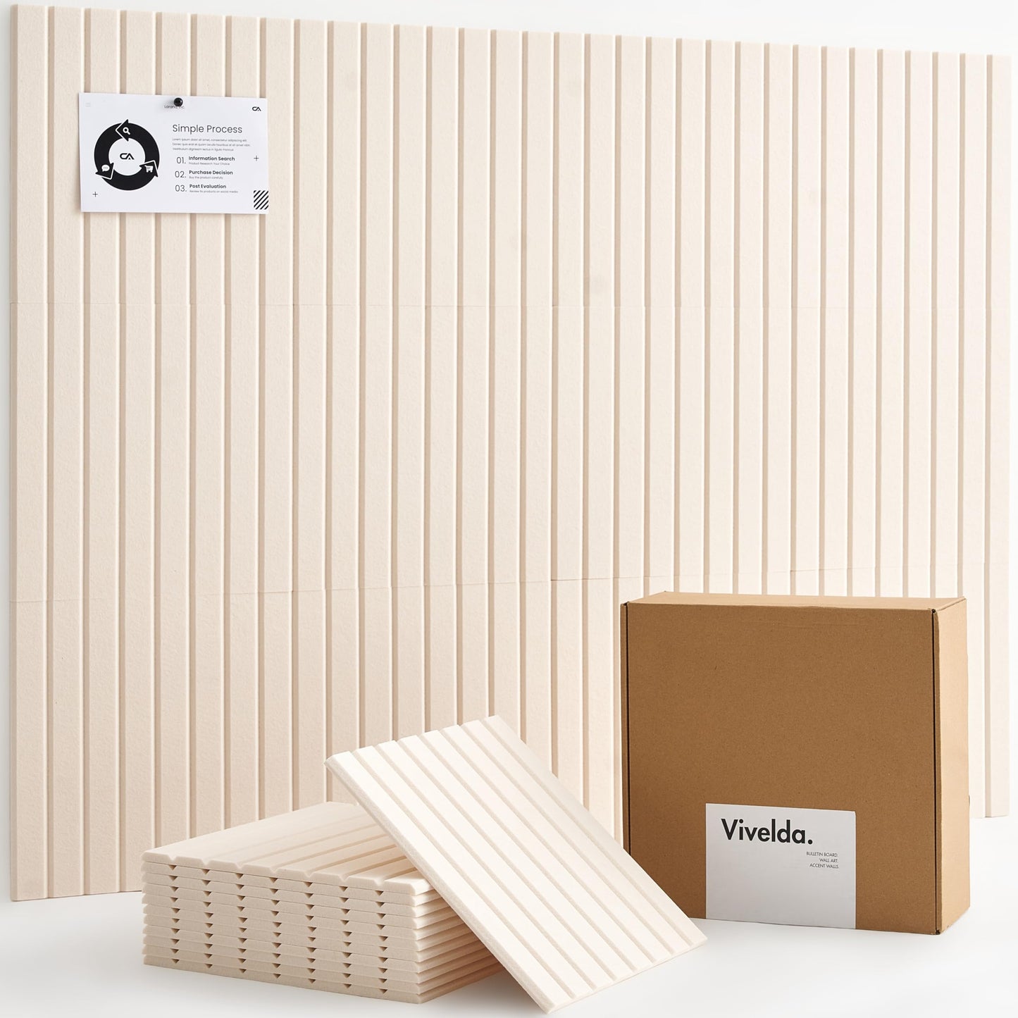 VIVELDA Felt Bulletin Board Tiles 48"x36" - 12-Pack Cork Board Alternative, OEKO-TEX Certified, NRC 0.95 Acoustic Felt Wall Panels, Damage-Free Adhesive, Slatted Design Home Office & Classroom (Linen)