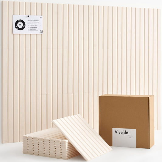 VIVELDA Felt Bulletin Board Tiles 48"x36" - 12-Pack Cork Board Alternative, OEKO-TEX Certified, NRC 0.95 Acoustic Felt Wall Panels, Damage-Free Adhesive, Slatted Design Home Office & Classroom (Linen)