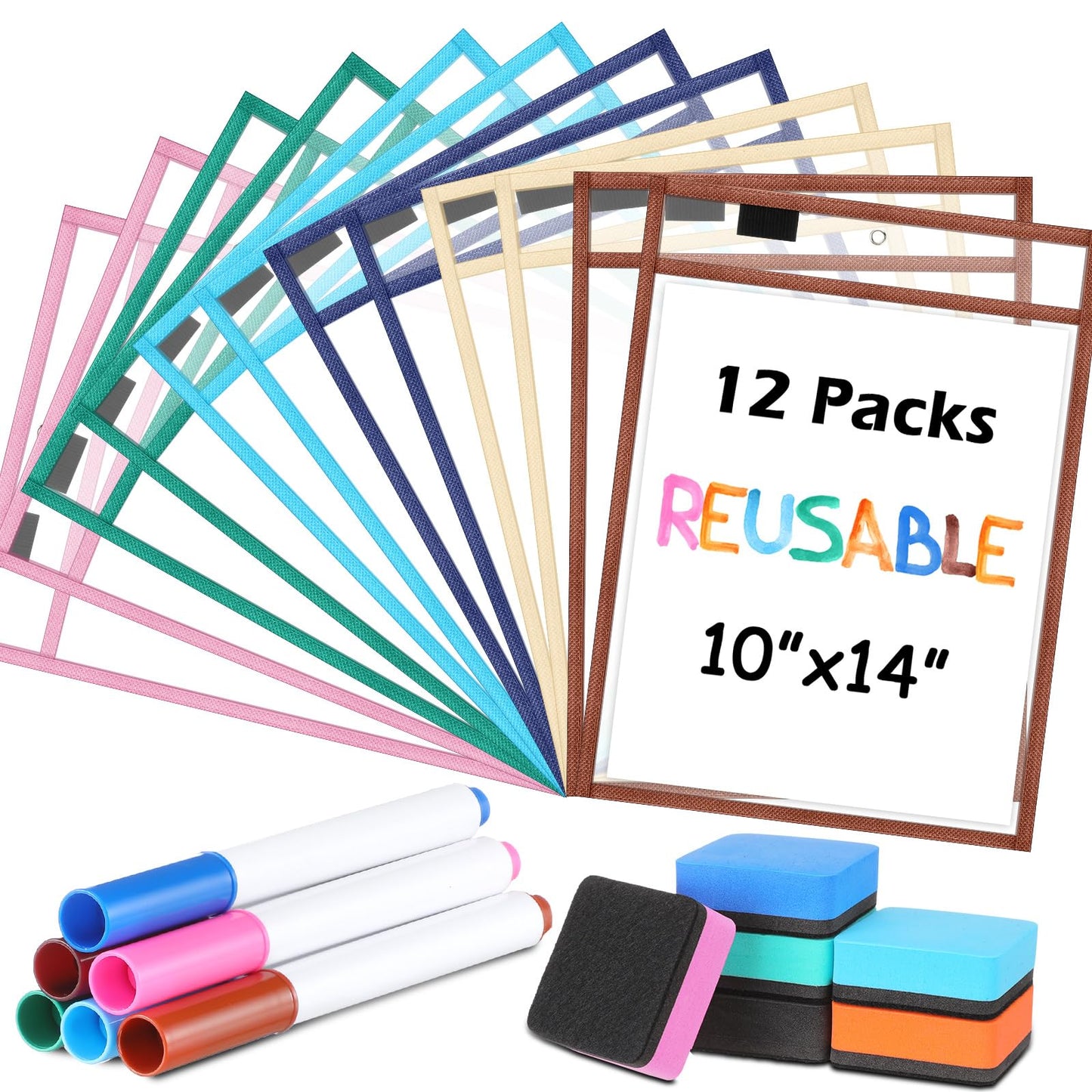 24 Pcs Dry Erase Pocket Reusable Sleeves 10" x 14" Clear Plastic Sheet Protectors with Markers and Mini Dry Erasers for Paper(Advanced Boho)