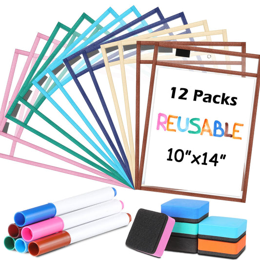 24 Pcs Dry Erase Pocket Reusable Sleeves 10" x 14" Clear Plastic Sheet Protectors with Markers and Mini Dry Erasers for Paper(Advanced Boho)