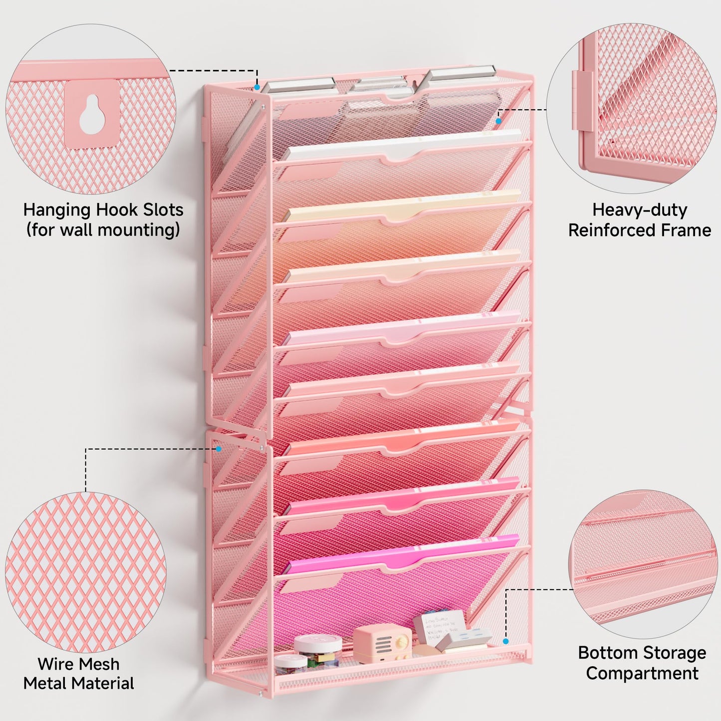 Lavatino 10-Tier Hanging Wall File Folders Organizer - Pink Metal Mesh Paper Magazine Document Mail Holder File Organizer for Office School Home Wall Mount or Desk Supplies Organization