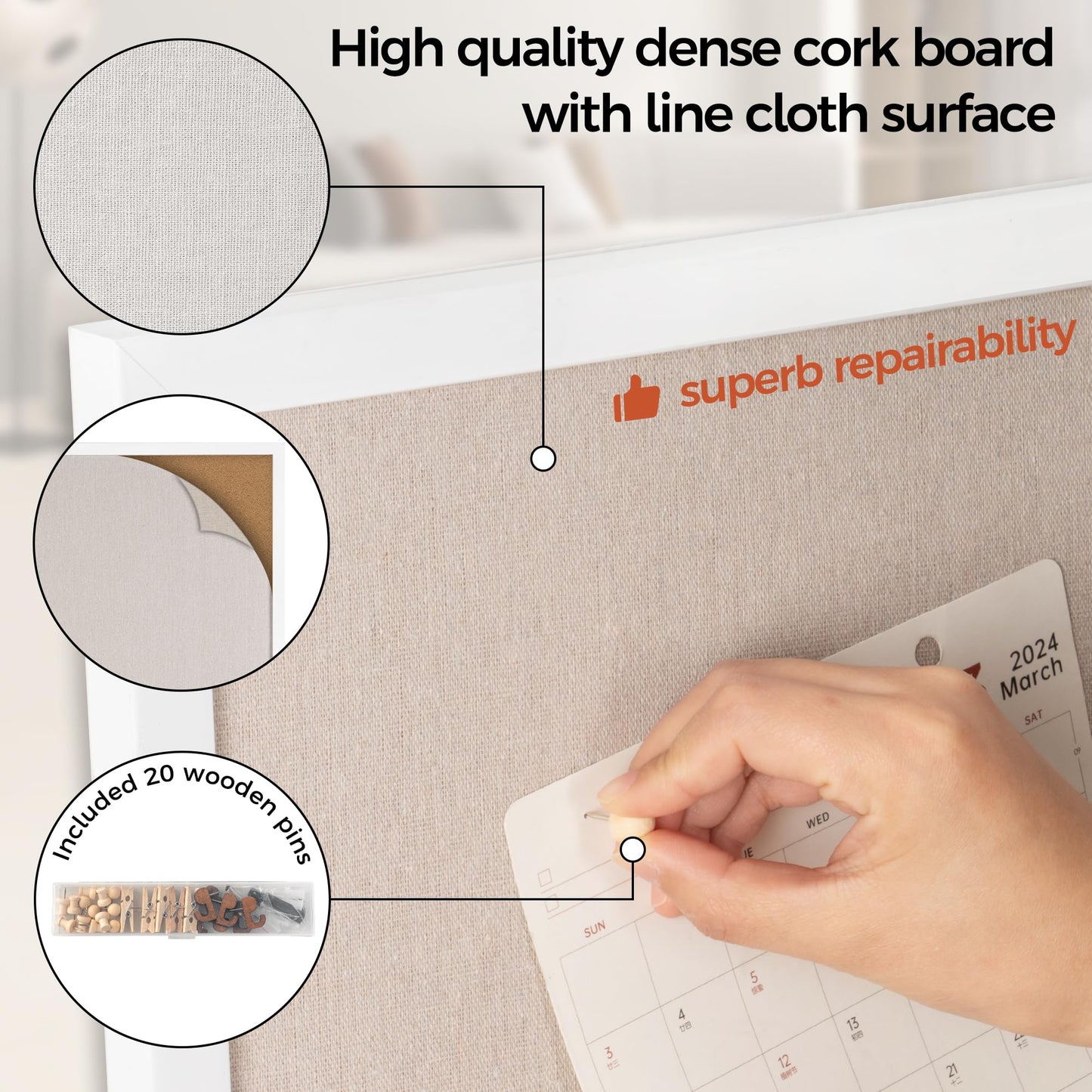 Fun Memories Cork Board Bulletin Board for Office, 20" x 30" Pine Wooden Framed Corkboard, Wall Mounted Notice Pin Board for School Home & Office, White