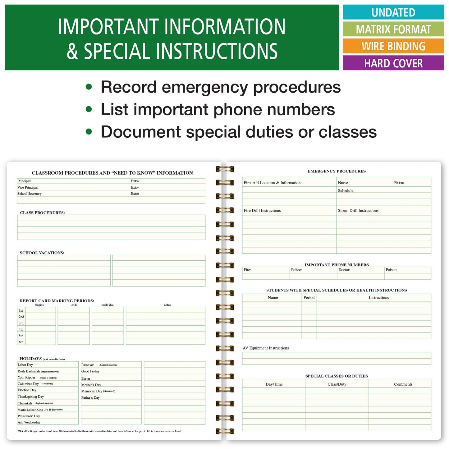 Elan Publishing Company HARDCOVER Combination Plan and Record Book: One efficient 8.5" x 11" book for lesson plans and grades combines W101 and R1010 with Bonus Clip-in Bookmark (Black Floral)