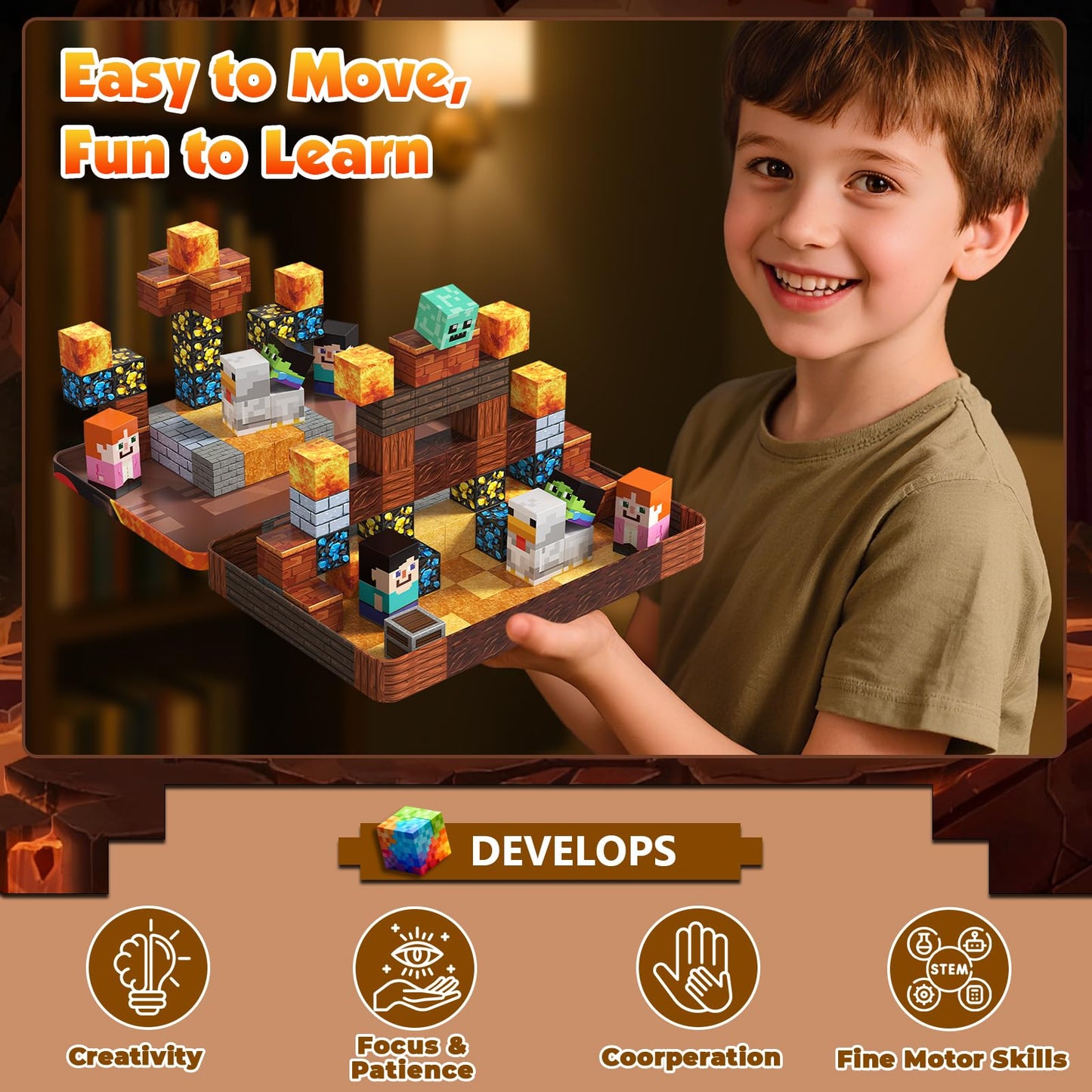 60 PCS Magnetic Blocks with Metal Box, 0.8in Mini Magnetic Building Cubes STEM Toys for Kids Ages 3+, Battle Stage Building Set, Educational Travel Toy for Boys and Girls, Christmas Birthday Gifts