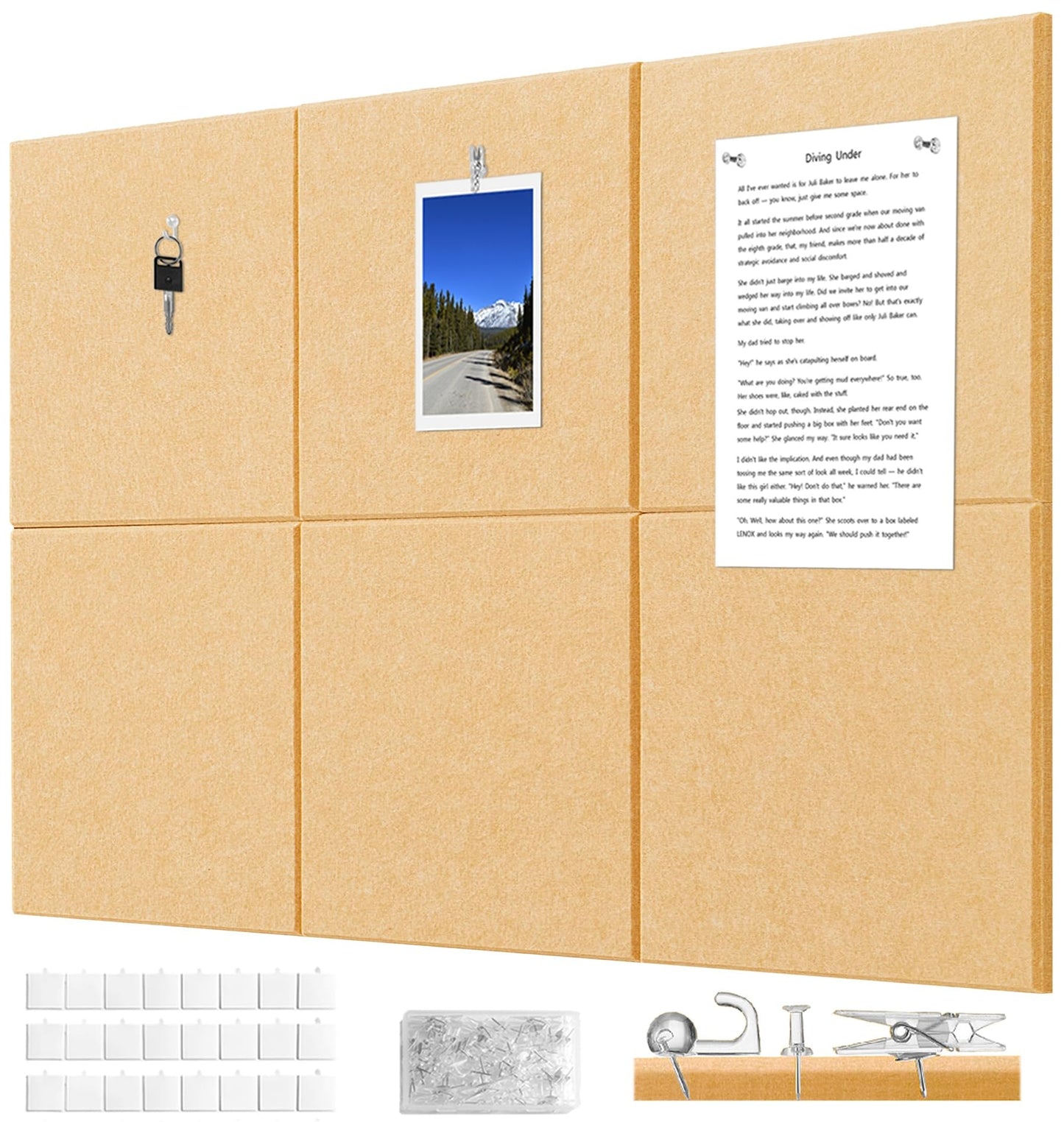 G Gamit Felt Wall Tiles Bulletin Board Large Cork Board Alternative 6 Pack 11.81”x11.81”x0.47” Felt Pin Board Tack Board with Safe Removable Adhesive Tabs for Home Office School 36x24 (Bright Tan)