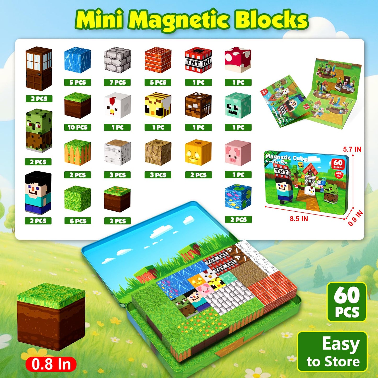 60 PCS Magnetic Blocks with Metal Box, 0.8in Mini Magnetic Building Cubes STEM Educational Toys for Kids Ages 3+ Boys Girls, Travel Airplane Classroom Play, Birthday Christmas Toy Gifts